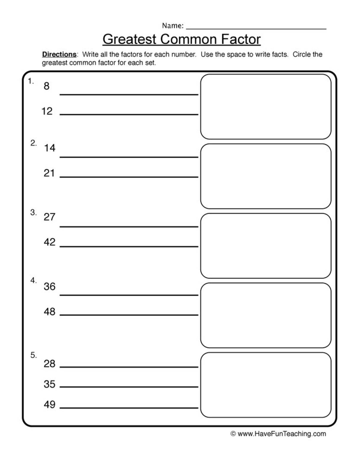 An educational teaching resource from Have Fun Teaching entitled Greatest Common Factor Worksheet downloadable at Teach Simple.