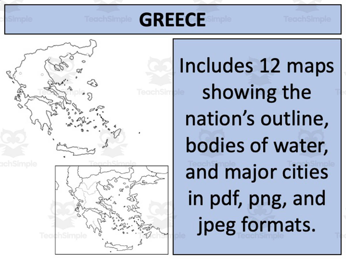 An educational teaching resource from Mr Gray History entitled Greece Map Resources – 12-Map Geography Pack downloadable at Teach Simple.