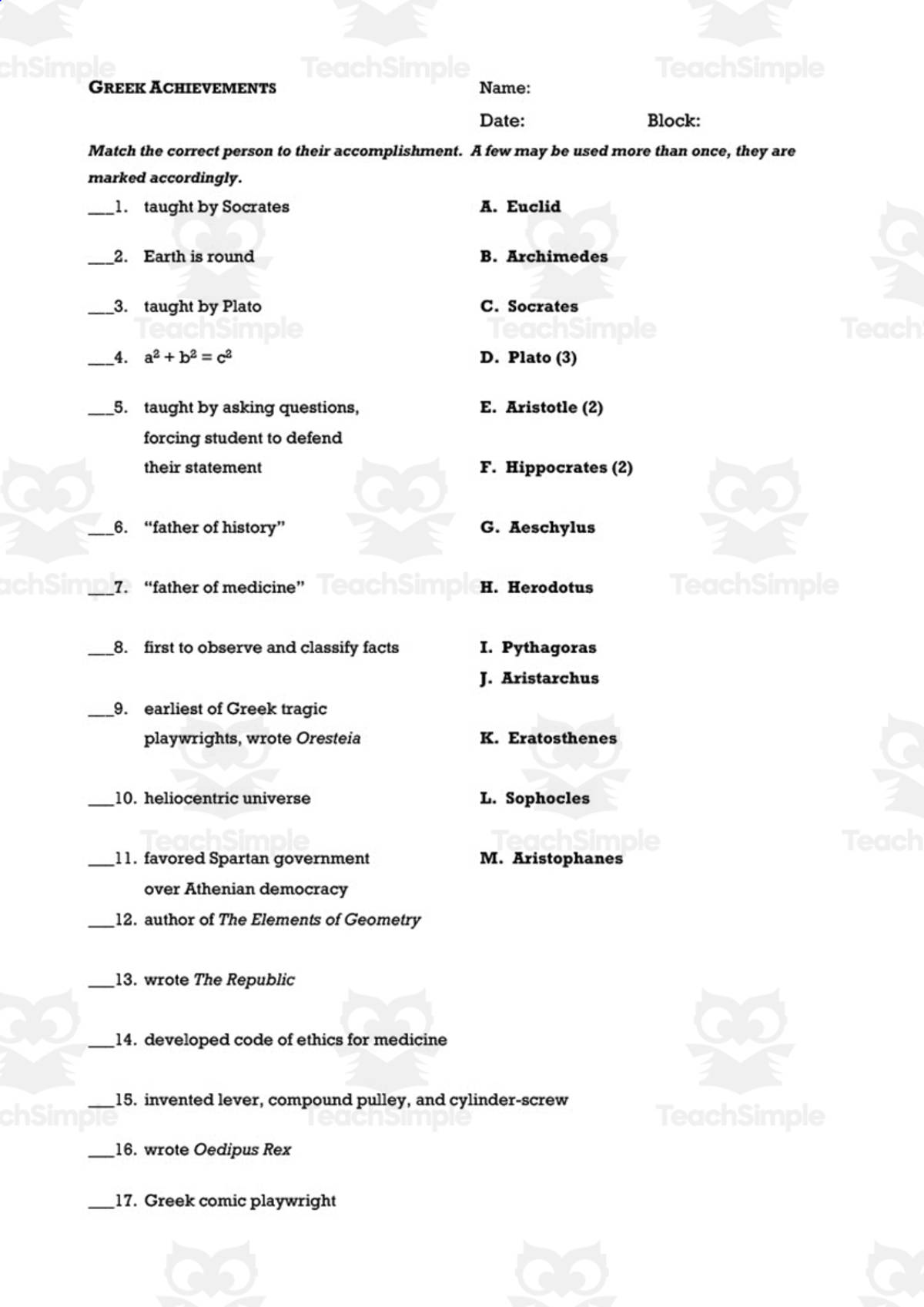 An educational teaching resource from History with DeLong entitled Greek Achievements Worksheet downloadable at Teach Simple.