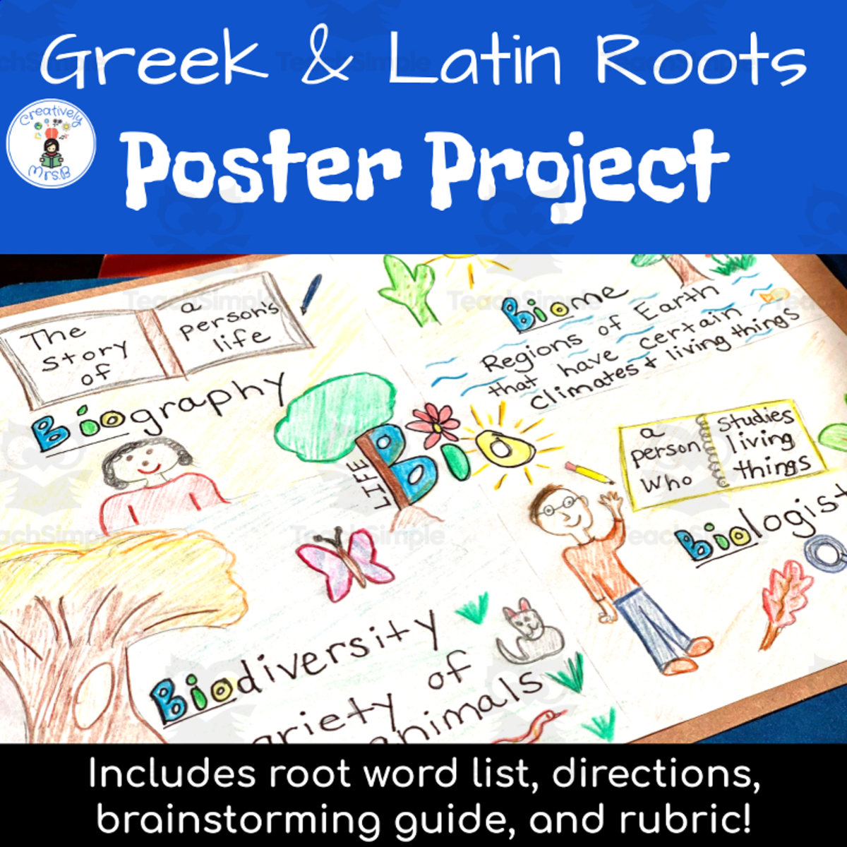 An educational teaching resource from Creatively Mrs. B entitled Greek & Latin Roots – Poster Project Review downloadable at Teach Simple.