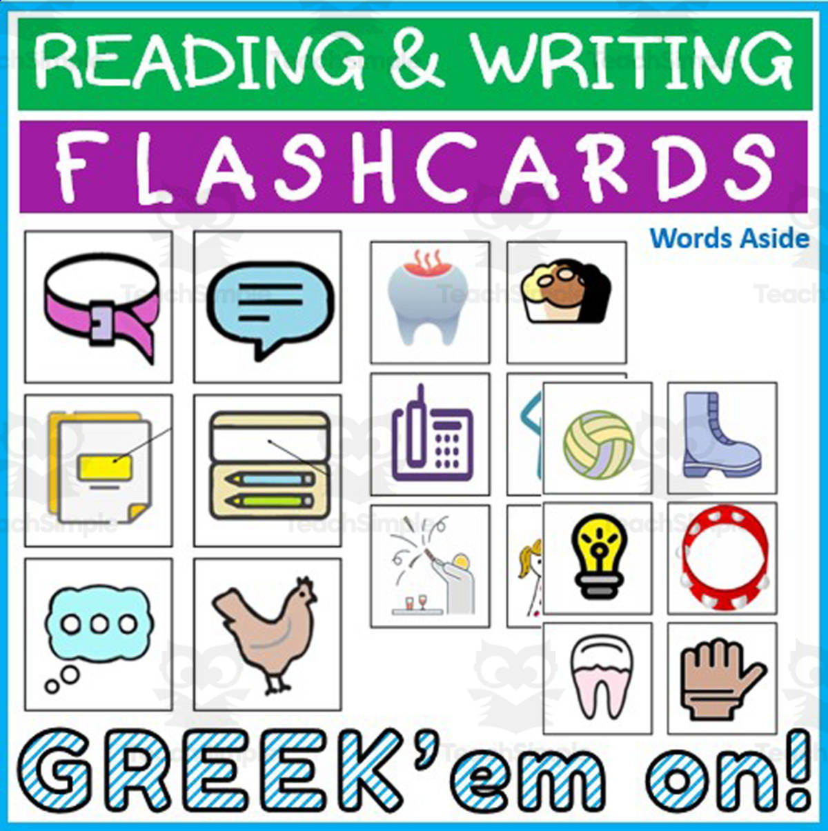 An educational teaching resource from WORDS ASIDE entitled Greek Language Word Spelling Flashcards Colored downloadable at Teach Simple.