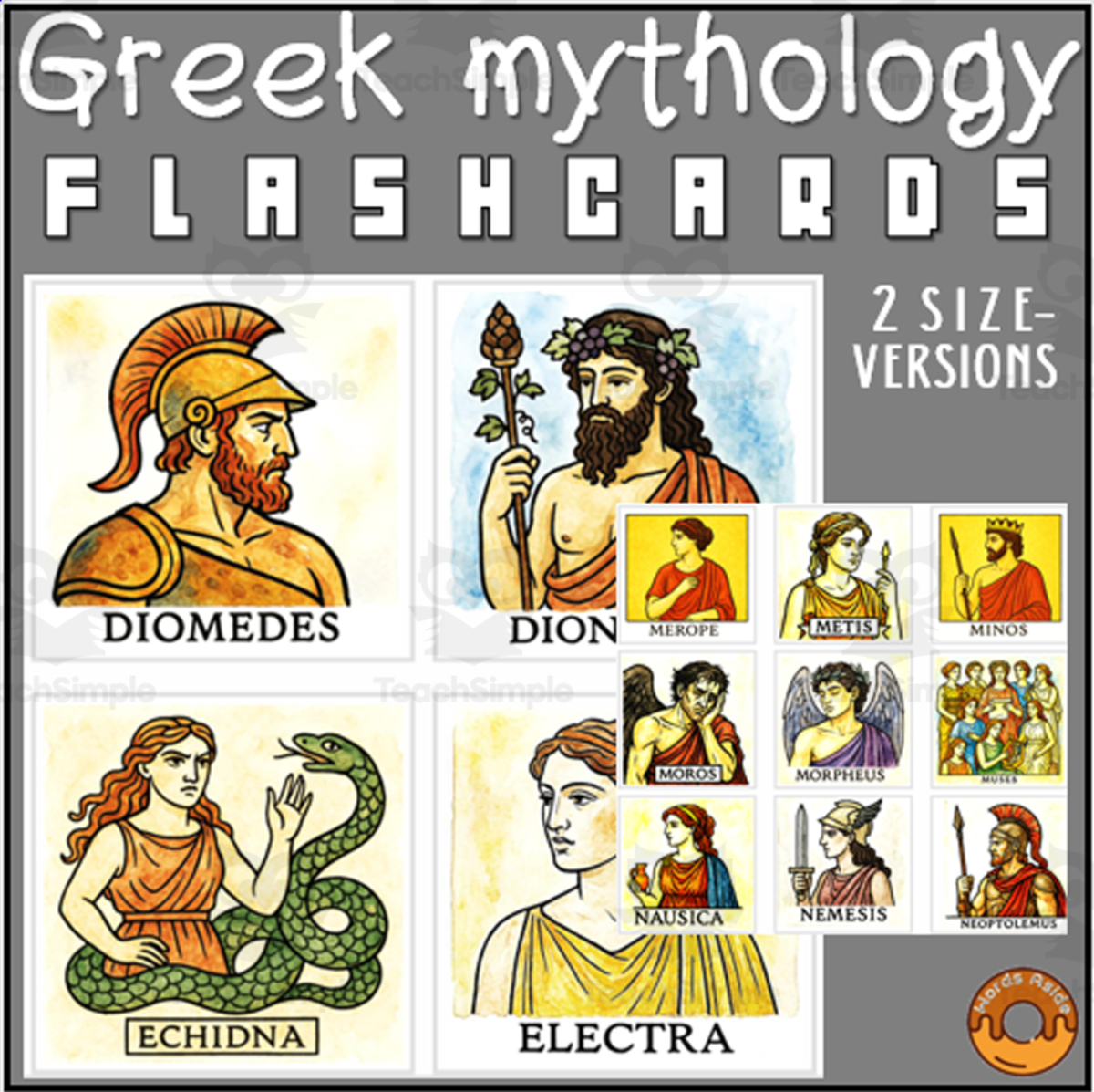 An educational teaching resource from WORDS ASIDE entitled Greek Mythology and Tragedy Flashcards downloadable at Teach Simple.