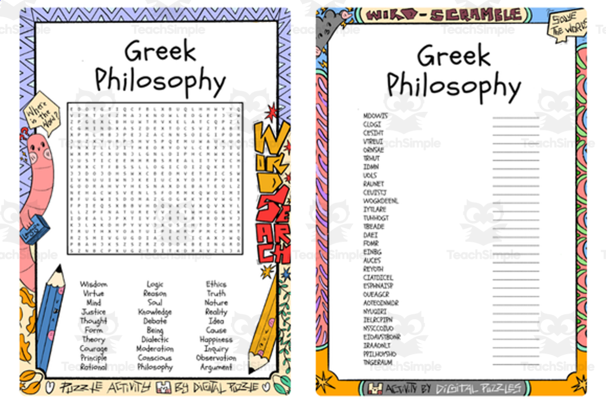 An educational teaching resource from Lapiiin Art Activities entitled Greek Philosophy word search & scramble downloadable at Teach Simple.