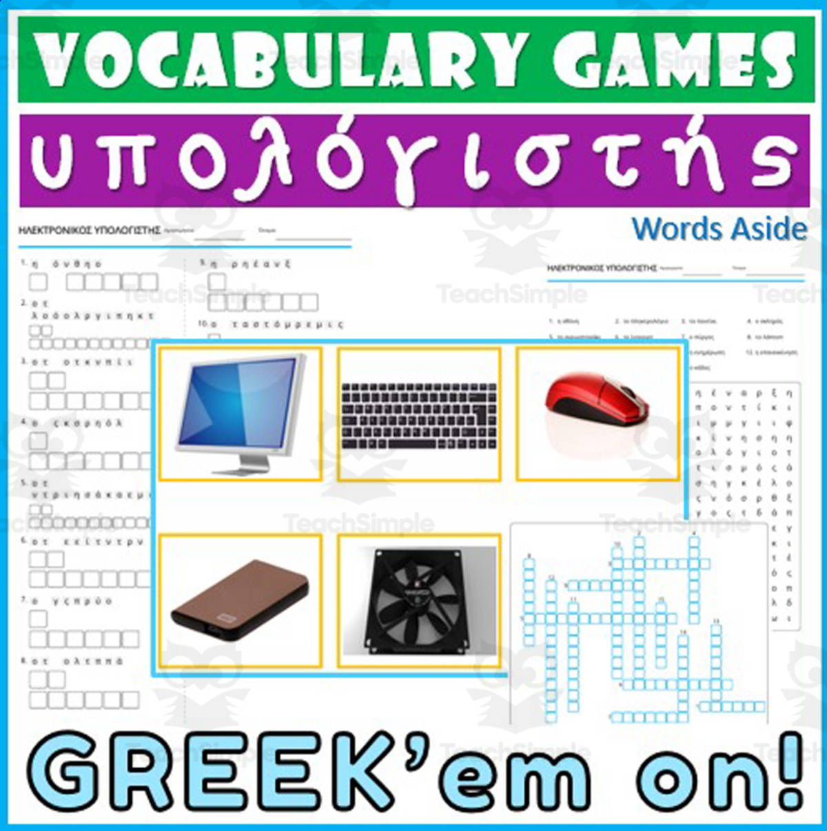 An educational teaching resource from WORDS ASIDE entitled Greek Word Games Crossword Wordsearch Anagram 20 downloadable at Teach Simple.