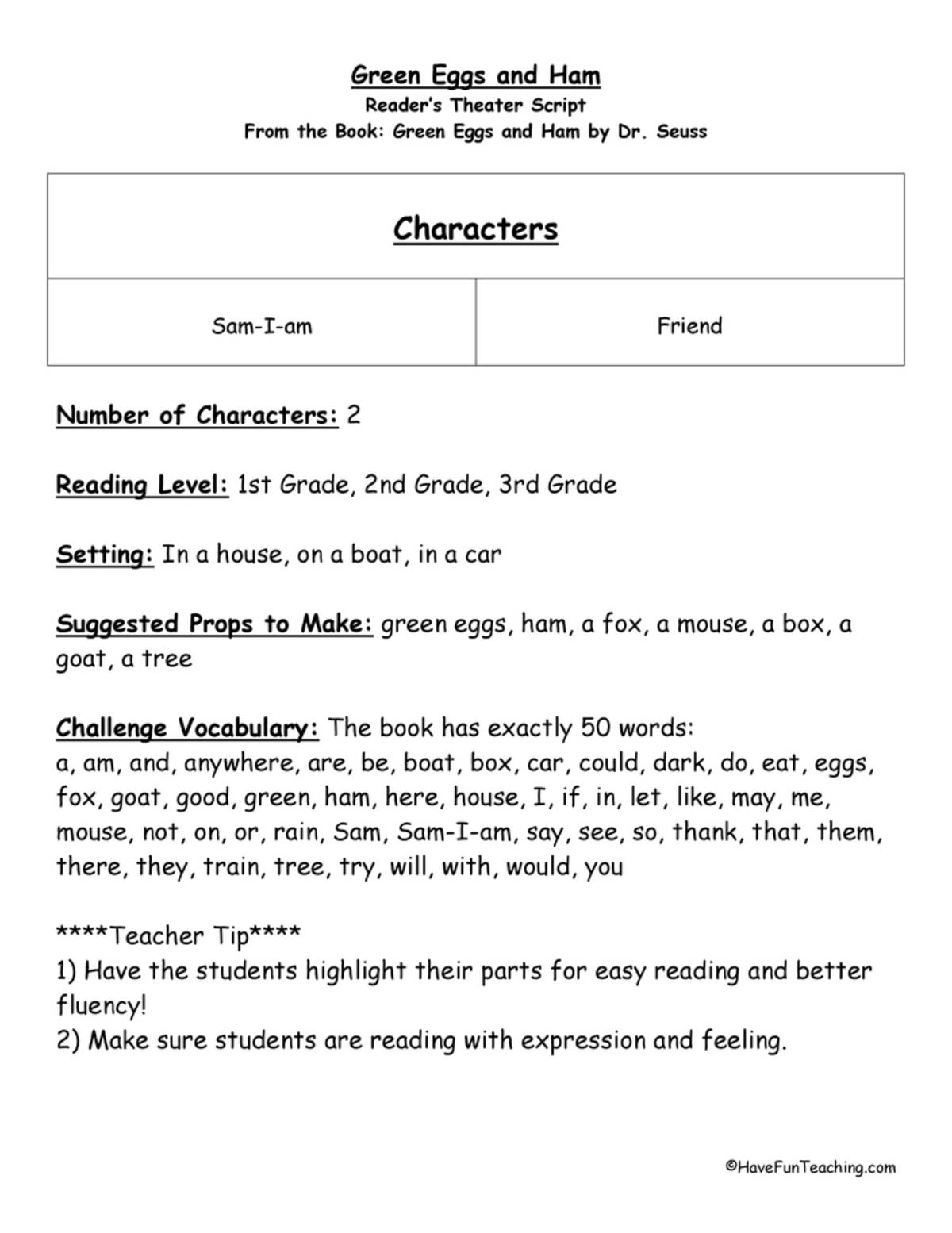 An educational teaching resource from Have Fun Teaching entitled Green Eggs and Ham Reader's Theater downloadable at Teach Simple.