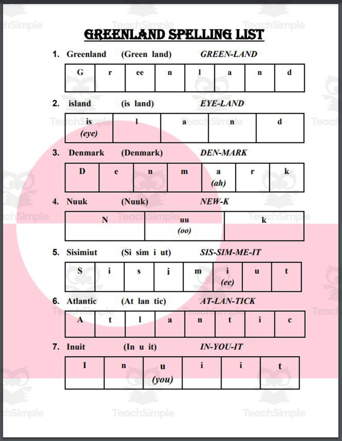 An educational teaching resource from Mr. Matthews Teacher Store entitled Greenland Spelling List downloadable at Teach Simple.