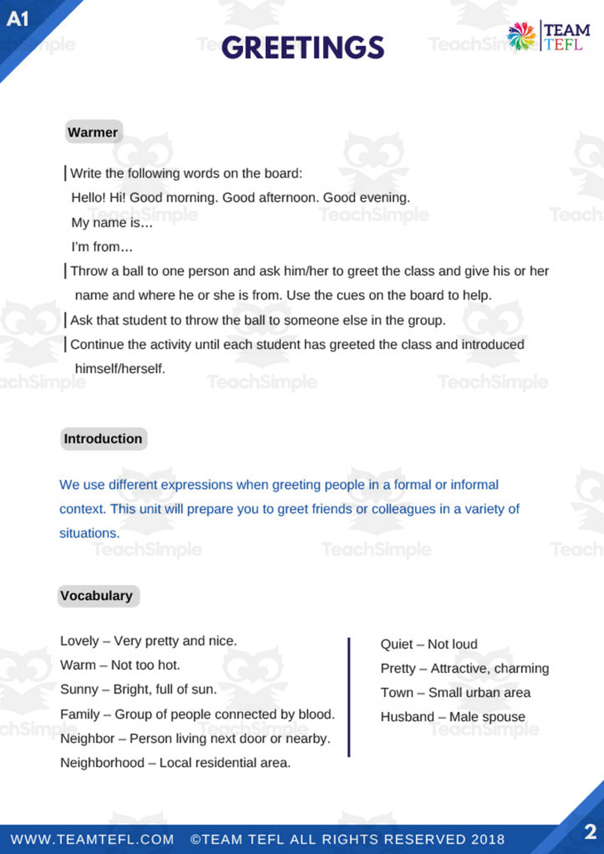 An educational teaching resource from TEAM TEFL entitled Greetings | Beginner Lesson Plan downloadable at Teach Simple.