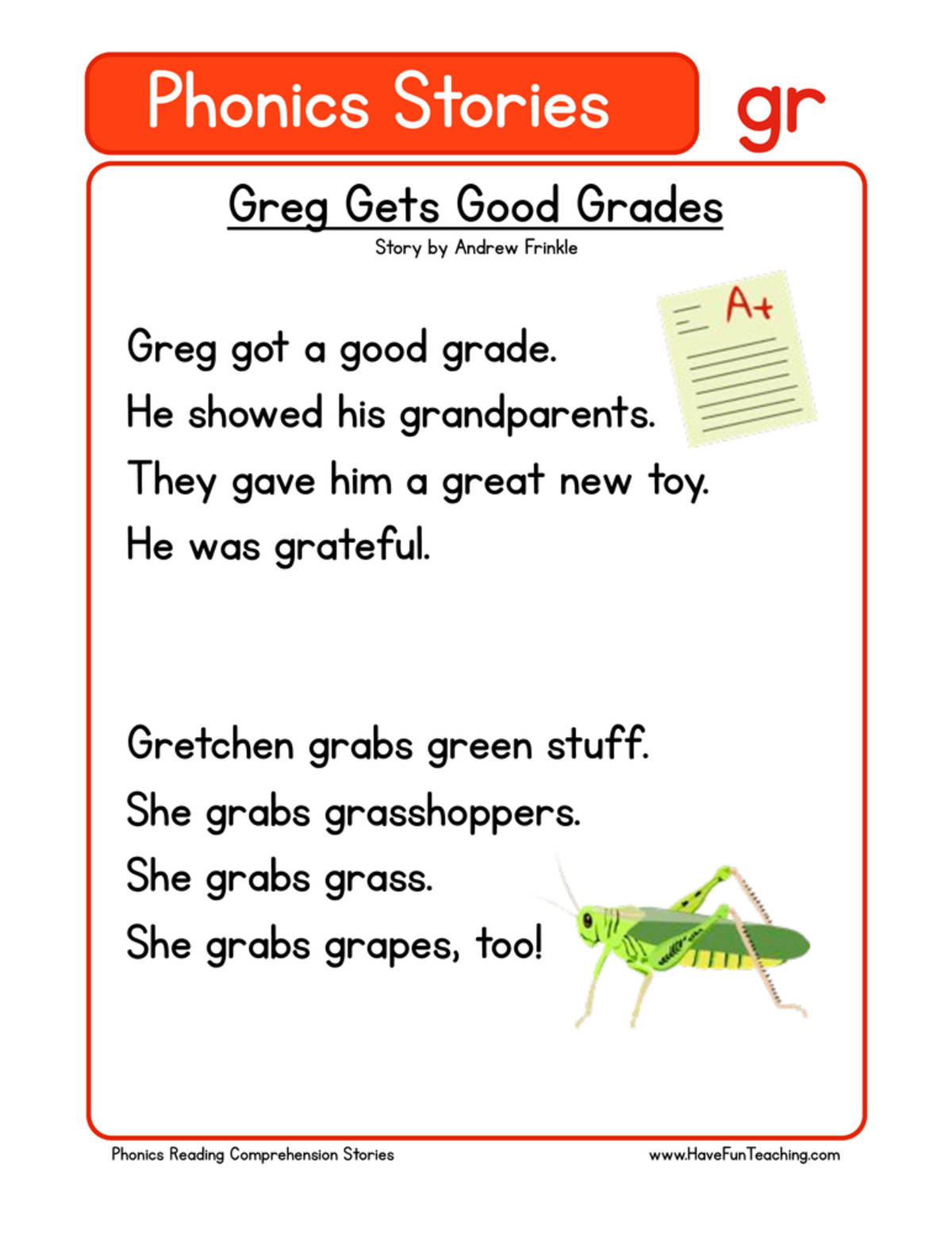An educational teaching resource from Have Fun Teaching entitled Greg Gets Good Grades GR Phonics Stories Reading Comprehension Worksheet downloadable at Teach Simple.