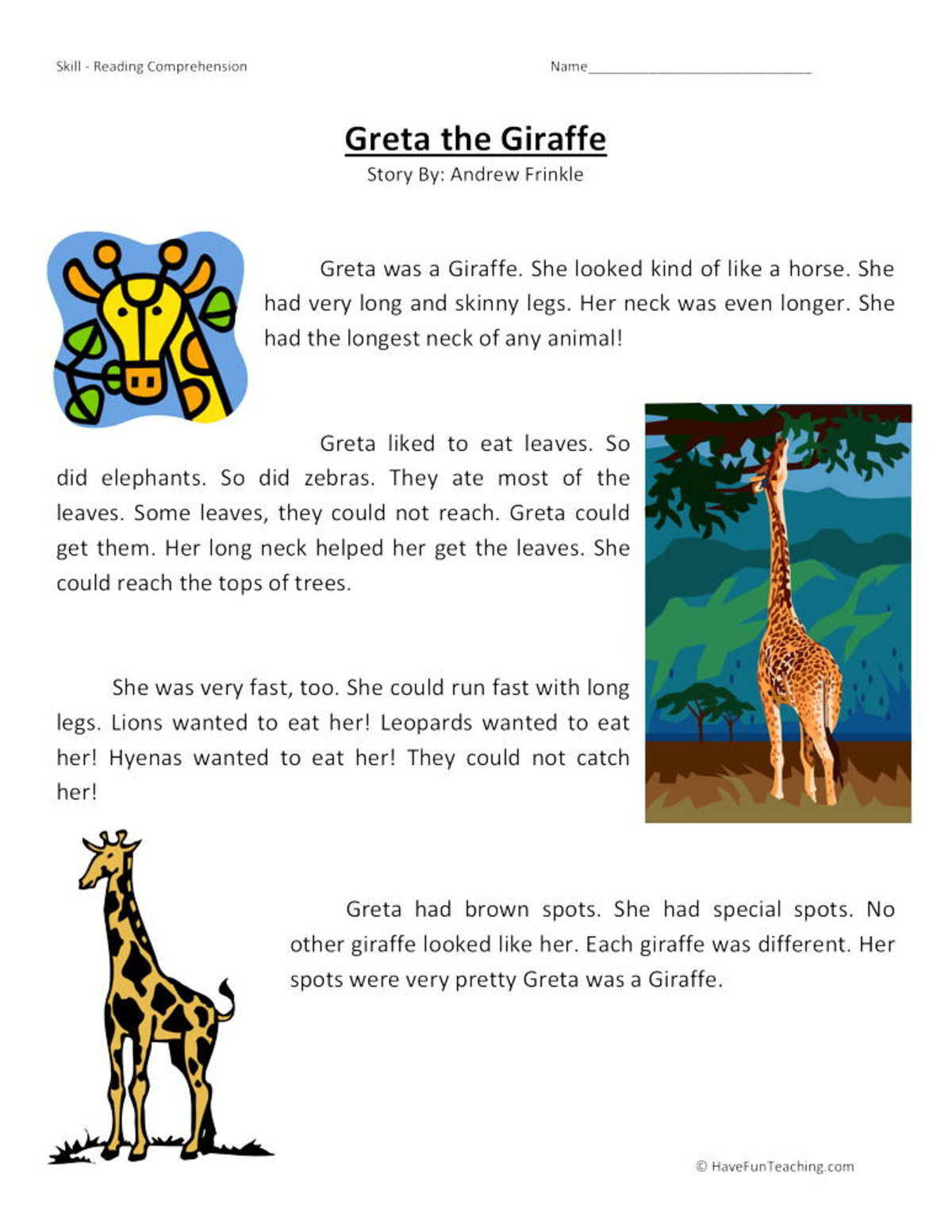An educational teaching resource from Have Fun Teaching entitled Greta the Giraffe Reading Comprehension Worksheet downloadable at Teach Simple.