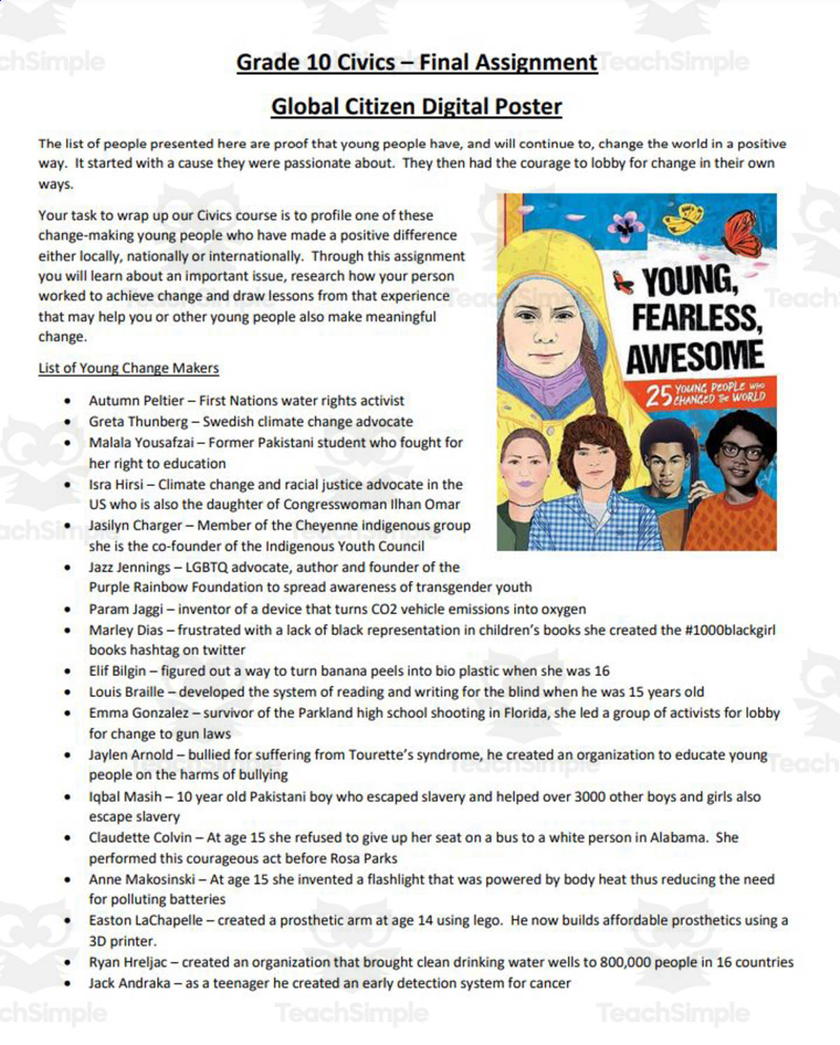 An educational teaching resource from High School Economics and History entitled Greta Thunberg - Malala Yusufzai and more in Civics downloadable at Teach Simple.