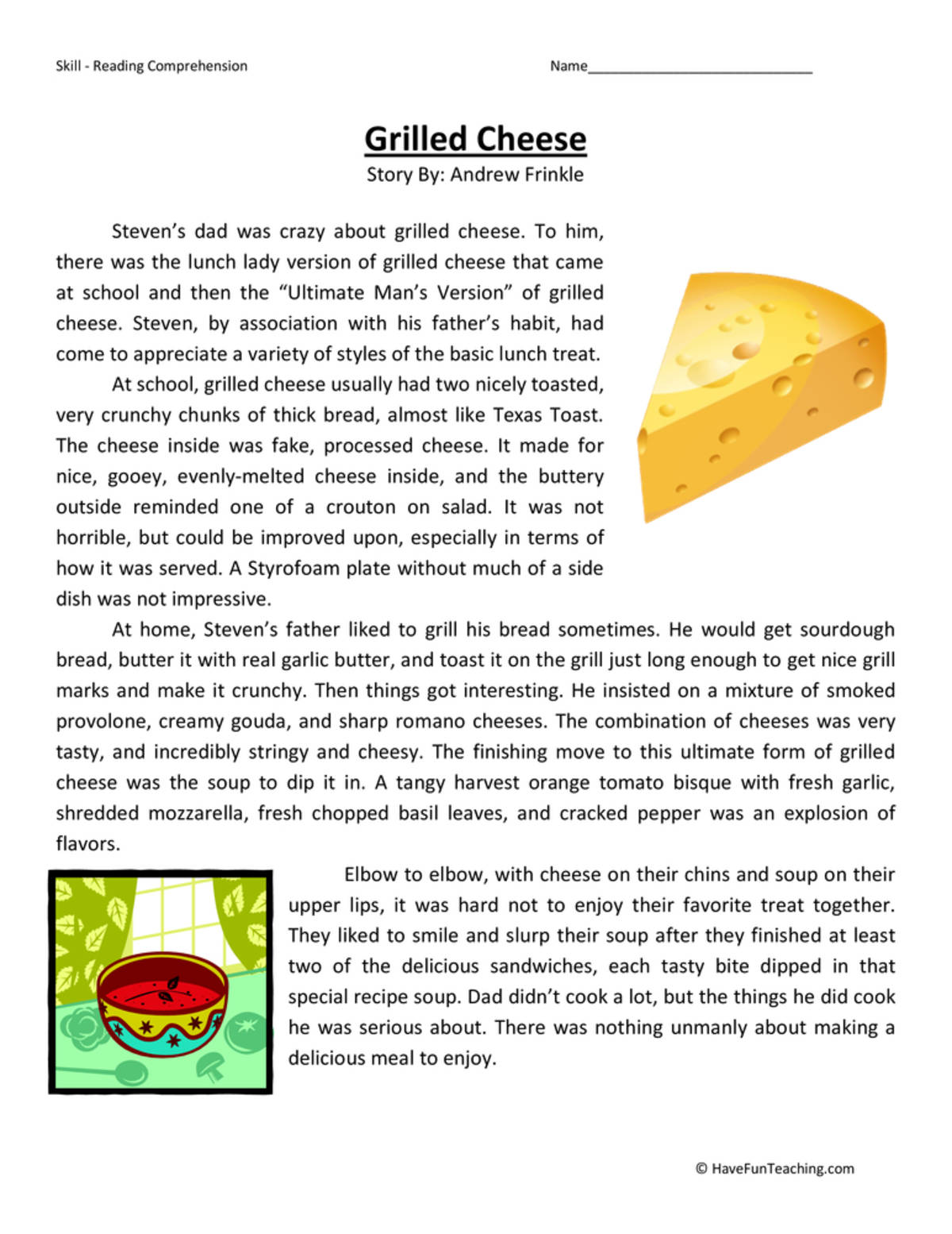 An educational teaching resource from Have Fun Teaching entitled Grilled Cheese - Reading Comprehension Worksheet downloadable at Teach Simple.