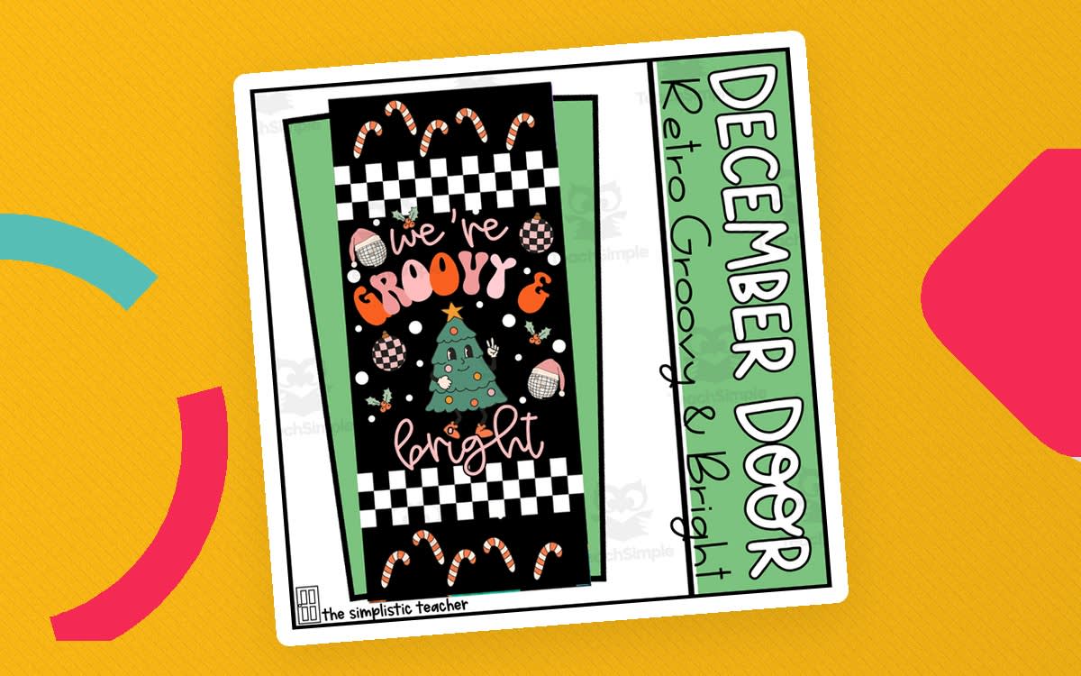 An educational teaching resource from The Simplistic Teacher entitled Groovy and Bright Retro Christmas Door Decoration Kit or December Bulletin Board downloadable at Teach Simple.