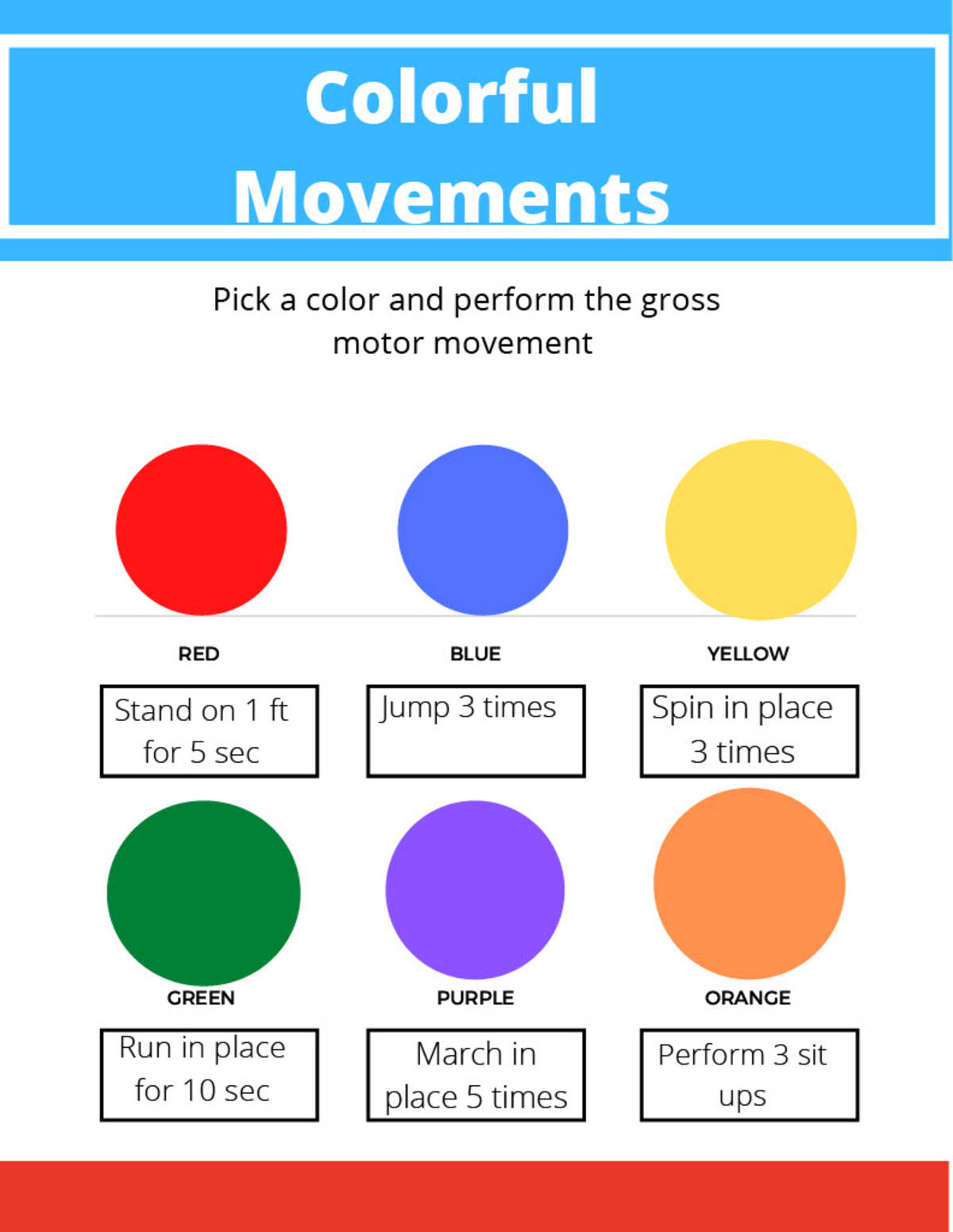An educational teaching resource from Miracles and Moree Therapy LLC entitled Gross Motor: Colorful Movements Printable downloadable at Teach Simple.