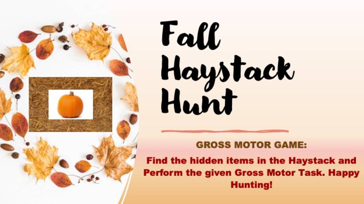 An educational teaching resource from Miracles and Moree Therapy LLC entitled Gross Motor Game: Fall Haystack Hunt downloadable at Teach Simple.
