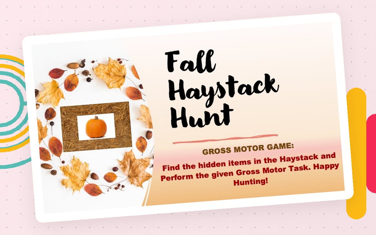 An educational teaching resource from Miracles and Moree Therapy LLC entitled Gross Motor Game: Fall Haystack Hunt downloadable at Teach Simple.