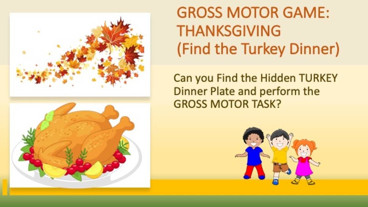 An educational teaching resource from Miracles and Moree Therapy LLC entitled Gross Motor Game: Find the Turkey Dinner downloadable at Teach Simple.