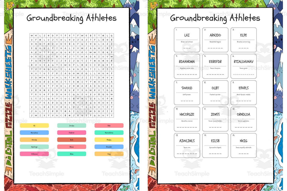 An educational teaching resource from Lapiiin Art Activities entitled Groundbreaking Athletes word search, scramble and crossword puzzle downloadable at Teach Simple.