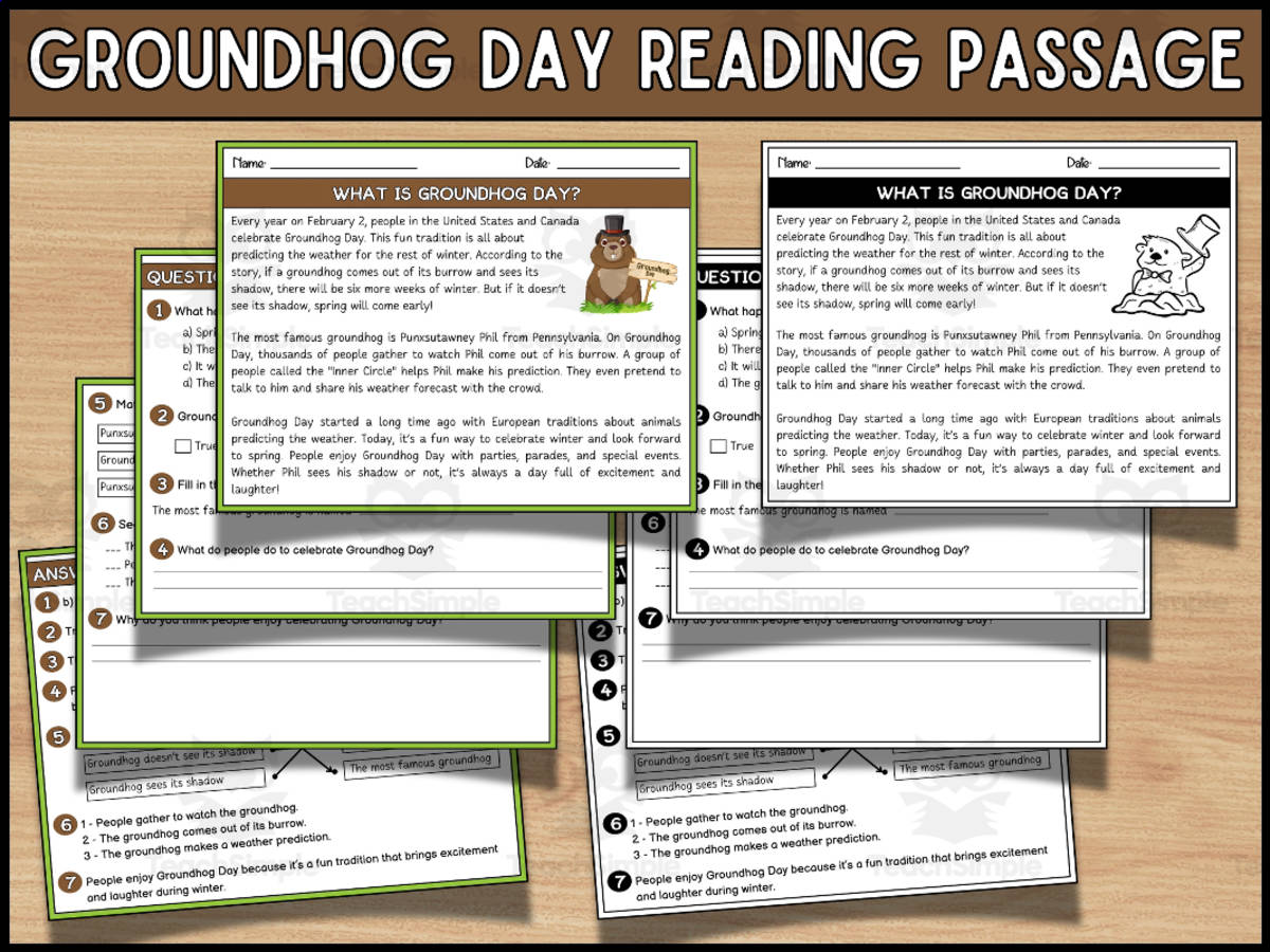 An educational teaching resource from Wonderland School entitled Groundhog Day Reading Comprehension Passage & Questions for 3rd Grade downloadable at Teach Simple.