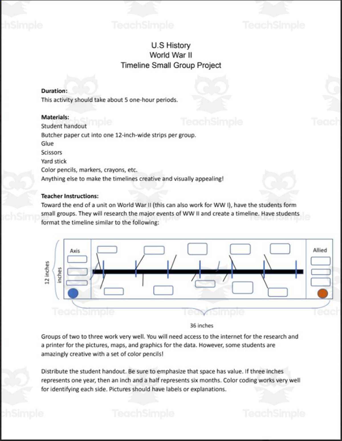 An educational teaching resource from Rose Molina entitled Group Project: World War II Timeline downloadable at Teach Simple.