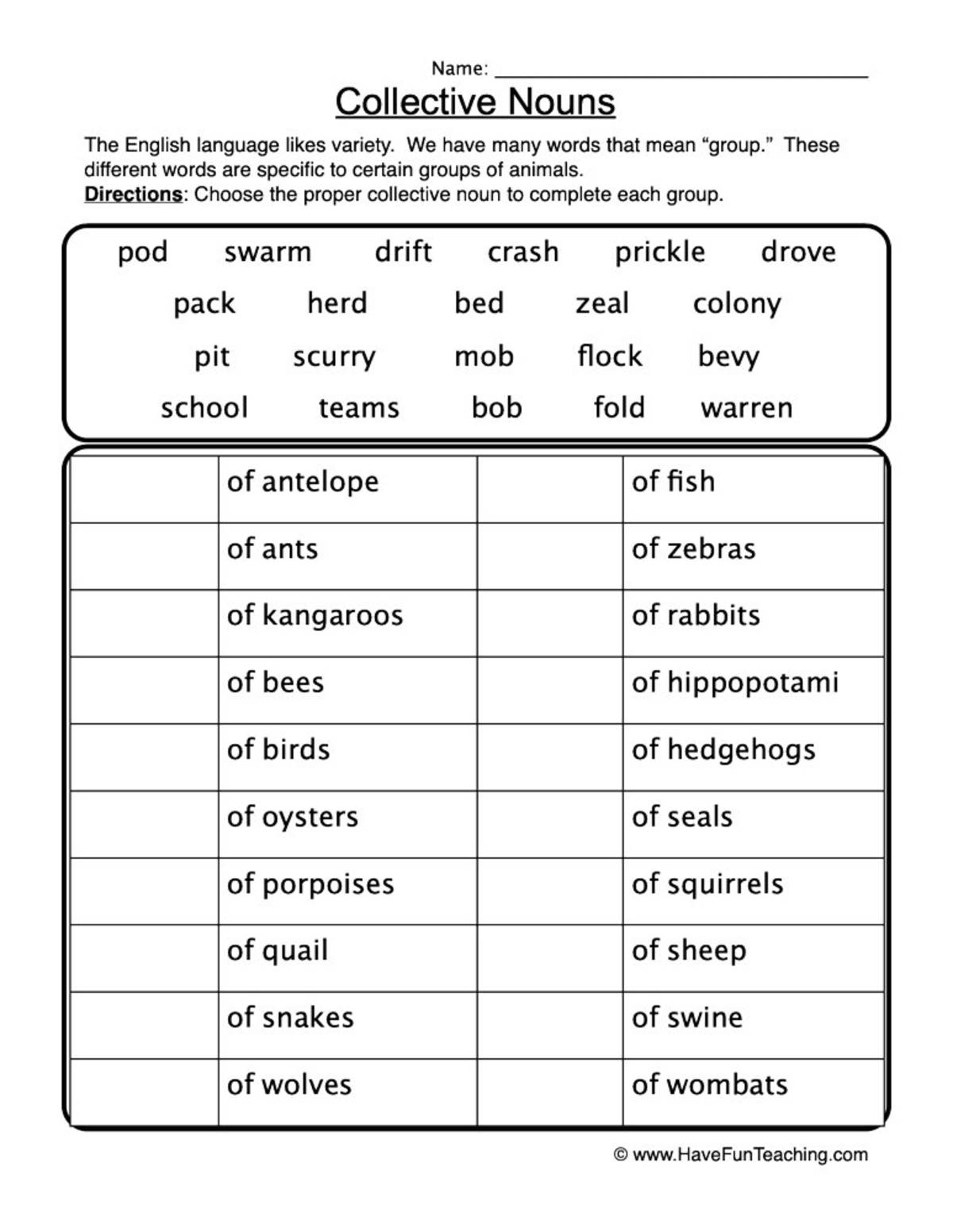 An educational teaching resource from Have Fun Teaching entitled Groups of Animals Collective Nouns Worksheet downloadable at Teach Simple.