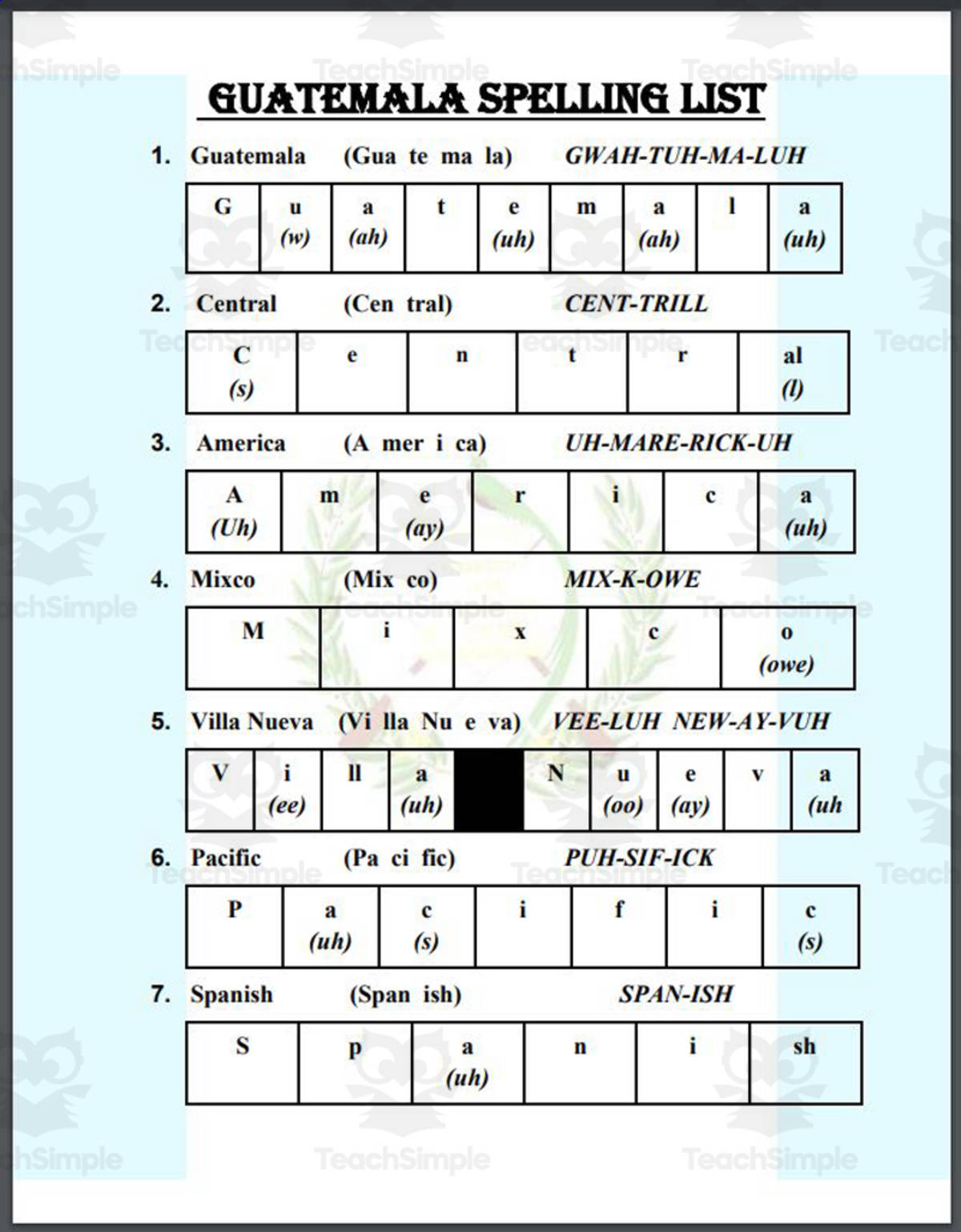An educational teaching resource from Mr. Matthews Teacher Store entitled Guatemala Spelling List downloadable at Teach Simple.