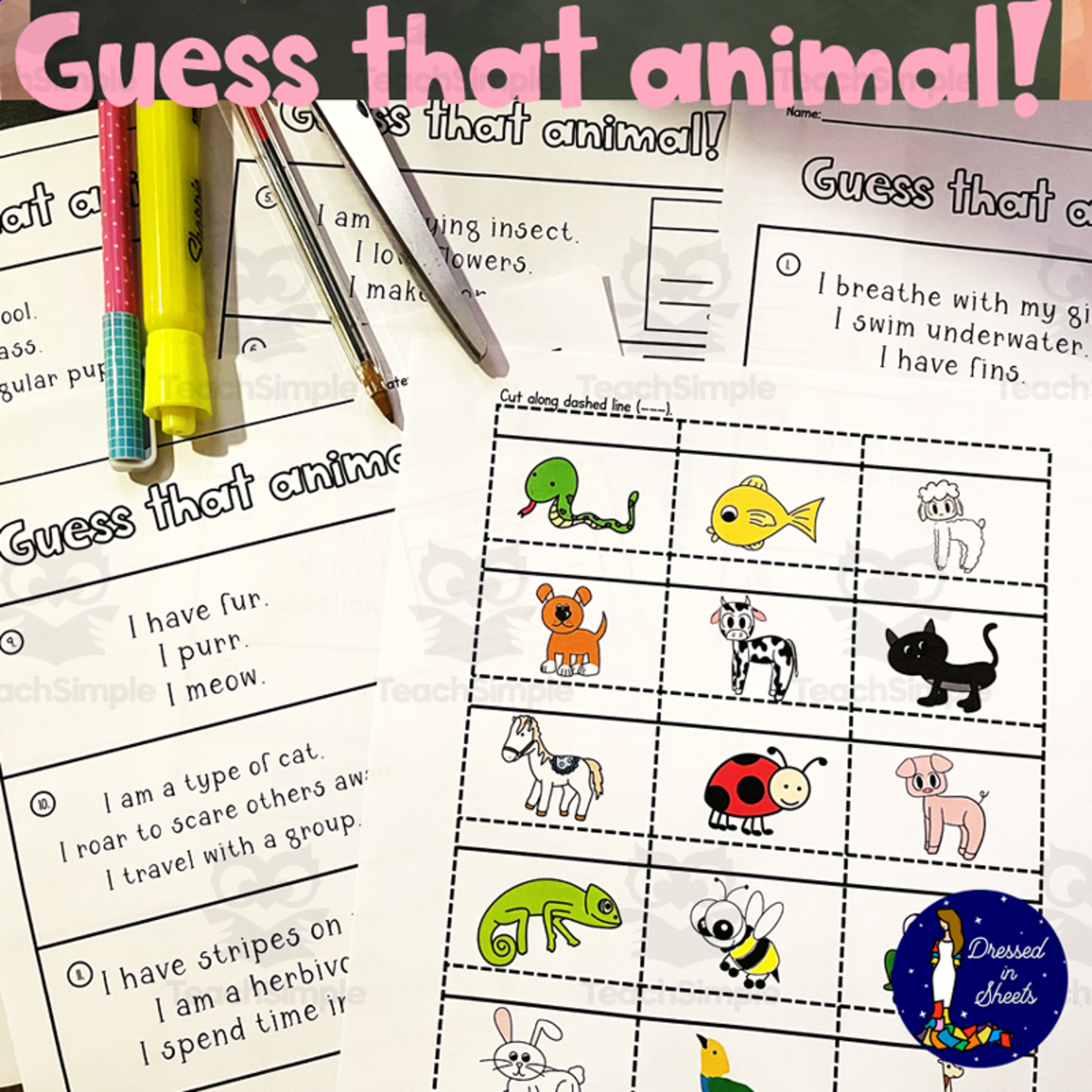 An educational teaching resource from Soumara Siddiqui entitled Guess that Animal! Cut and Glue Activity in English and Spanish downloadable at Teach Simple.