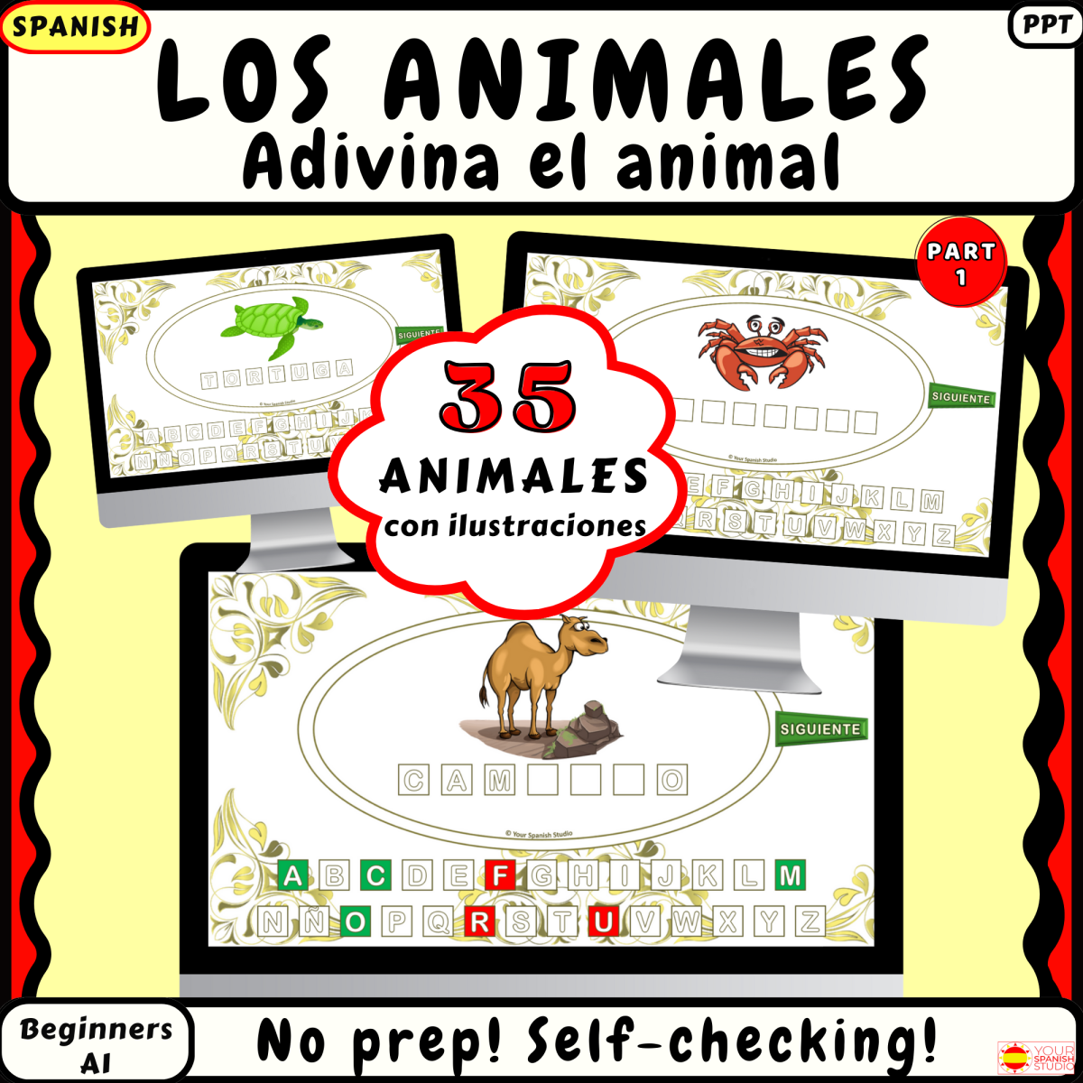 An educational teaching resource from Your Spanish Studio entitled Guess the Animal! Spanish No-Prep vocab Game with picture clues_Part 1 downloadable at Teach Simple.