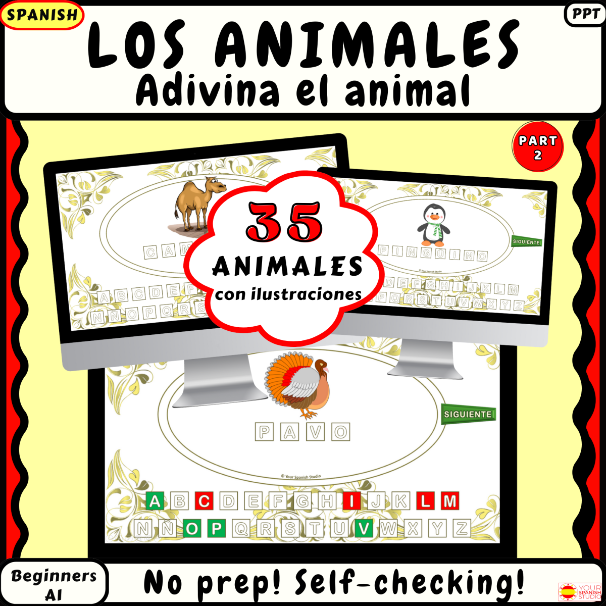 An educational teaching resource from Your Spanish Studio entitled Guess the Animal! Spanish No-Prep vocab Game with picture clues_Part 2 downloadable at Teach Simple.