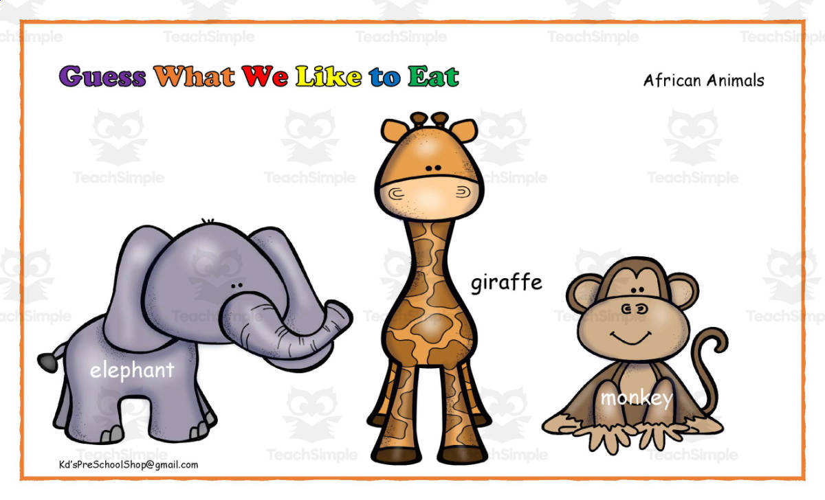 An educational teaching resource from KD's Kids School Shop entitled Guess What We like to Eat! African Animal learning Activity downloadable at Teach Simple.