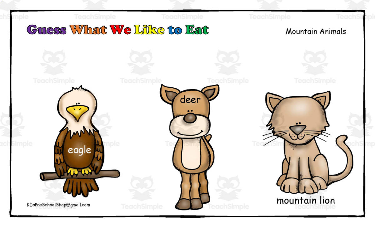 An educational teaching resource from KD's Kids School Shop entitled Guess What We like to Eat! Mountain Animal learning Activity downloadable at Teach Simple.
