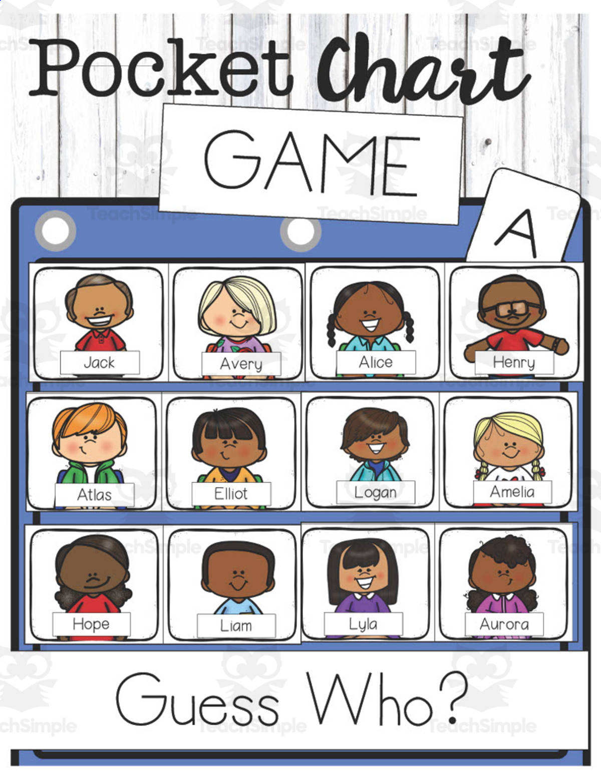 An educational teaching resource from The Proactive Classroom entitled Guess Who Pocket Chart Game downloadable at Teach Simple.