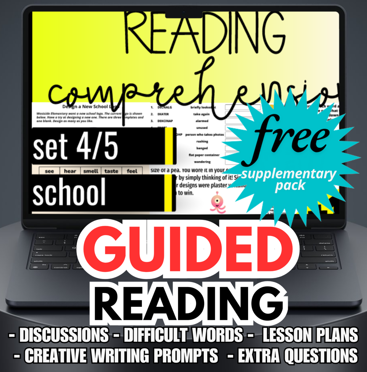 An educational teaching resource from Cored Education entitled Guided Reading Activities and Lesson Plan Fiction Set 4 - School downloadable at Teach Simple.