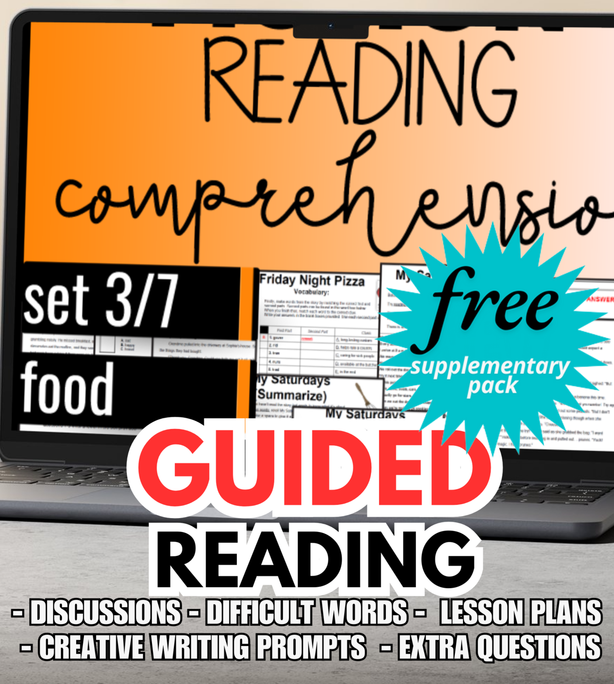 An educational teaching resource from Cored Education entitled Guided Reading Activities with Lesson Plans: Fiction Set 3 - Food downloadable at Teach Simple.