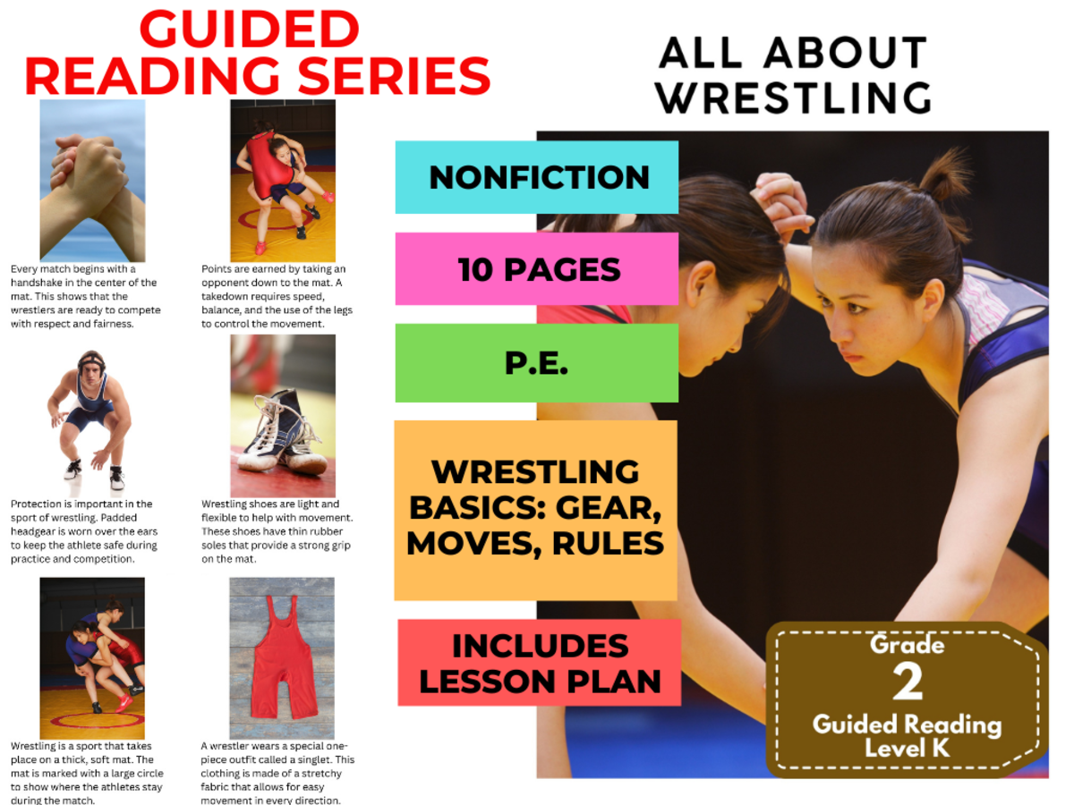 An educational teaching resource from Cored Education entitled Guided Reading Level K - All About Wrestling (with Lesson Plan) downloadable at Teach Simple.