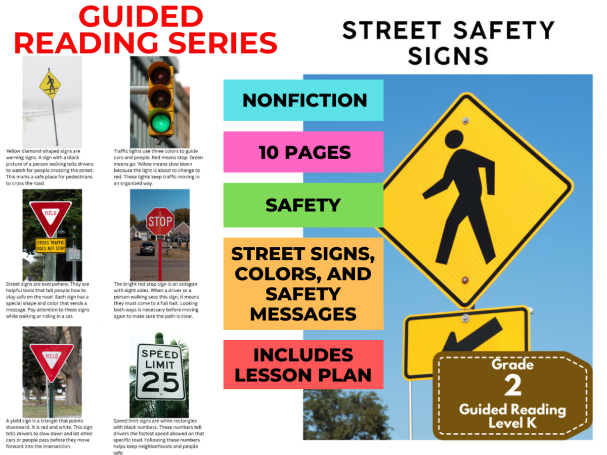 An educational teaching resource from Cored Education entitled Guided Reading Level K - Street Safety Signs (with Lesson Plan) downloadable at Teach Simple.