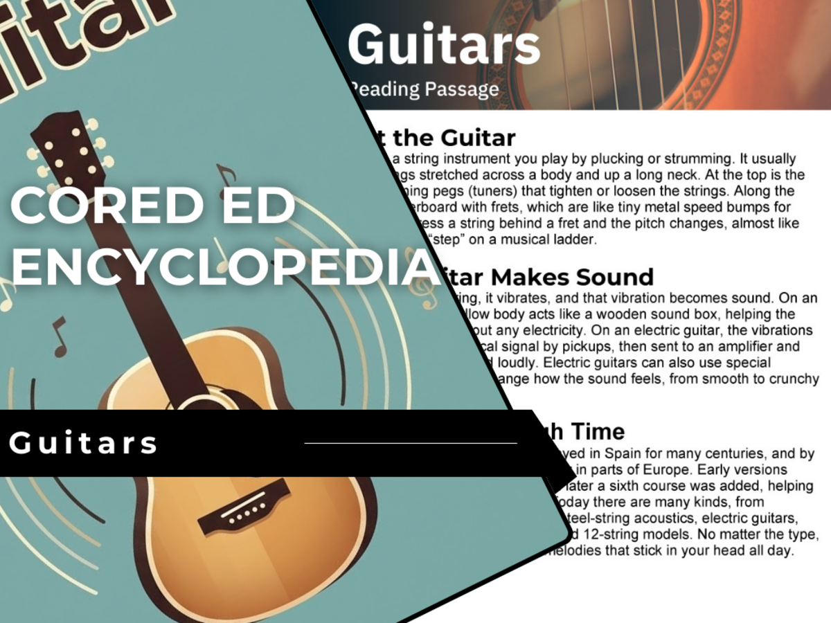 An educational teaching resource from Cored Education entitled Guitars Reading Comprehension Passage - Cored Ed Encyclopedia downloadable at Teach Simple.