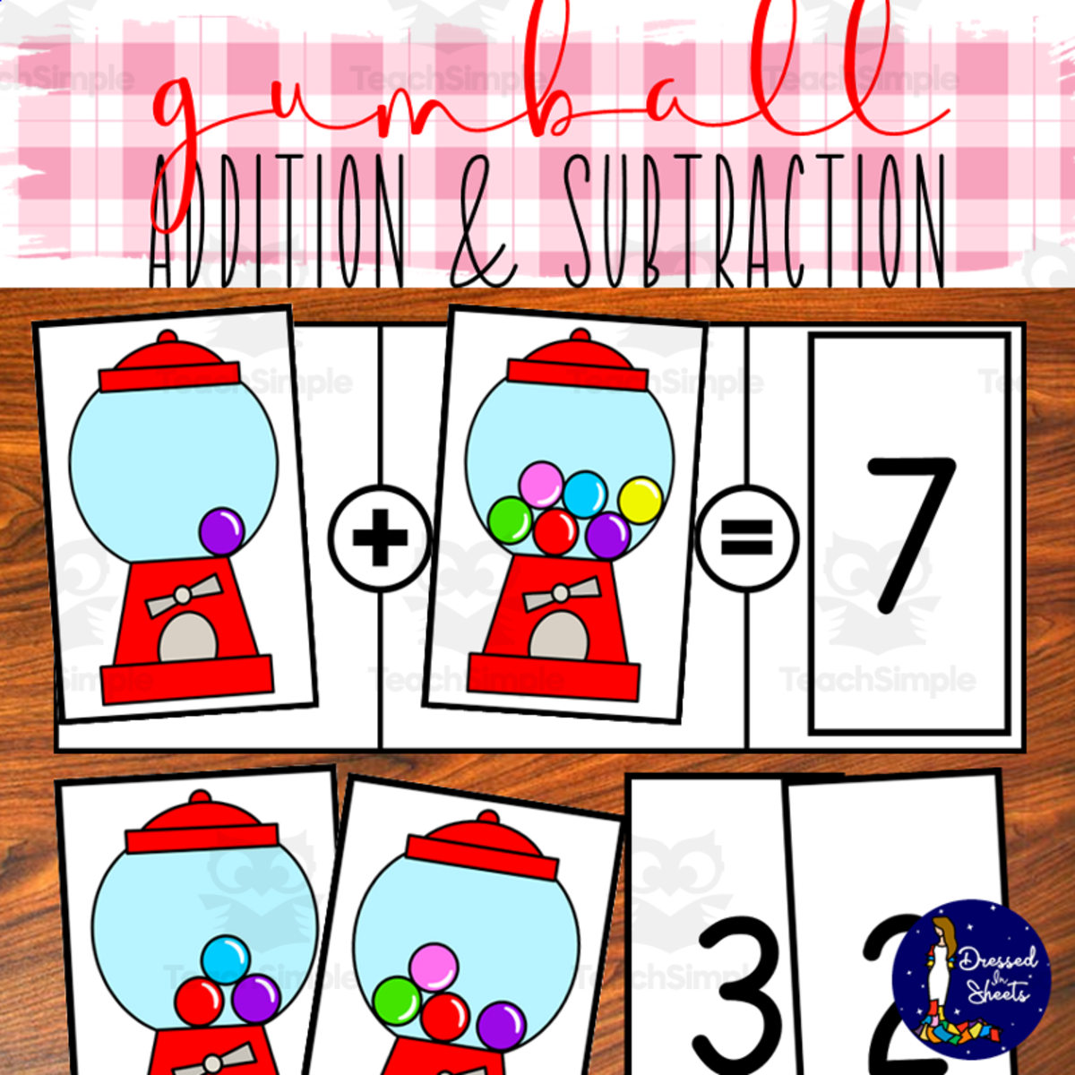 An educational teaching resource from Soumara Siddiqui entitled Gumball Addition and Subtraction Cards downloadable at Teach Simple.