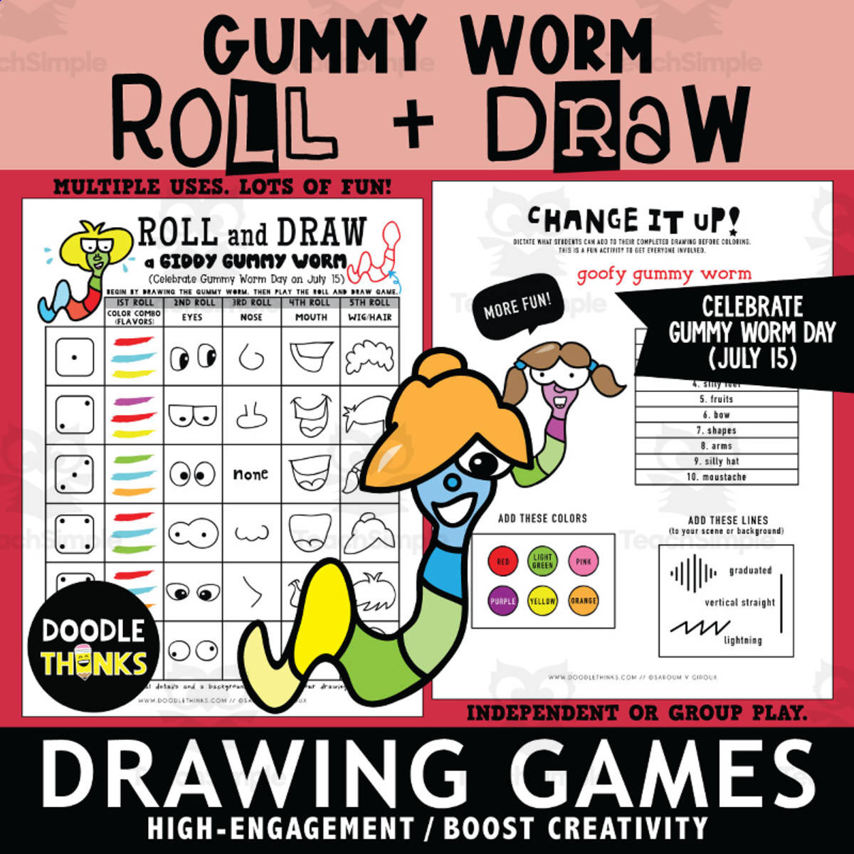 An educational teaching resource from Doodle Thinks entitled Gummy Worm Roll and Draw Games | Gummy Worm Day July Art Activity downloadable at Teach Simple.