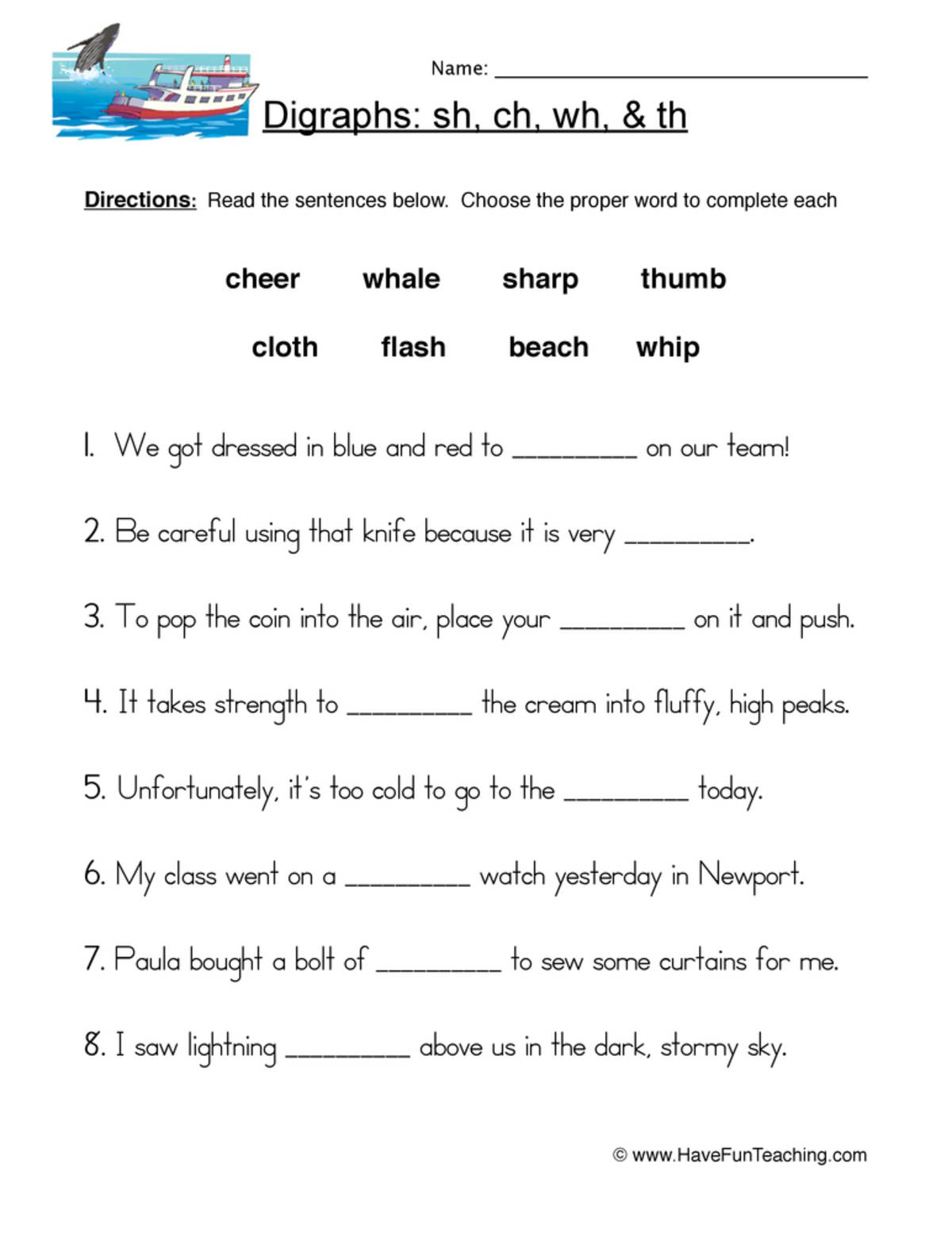 An educational teaching resource from Have Fun Teaching entitled H Digraphs Fill in the Blank Worksheet downloadable at Teach Simple.