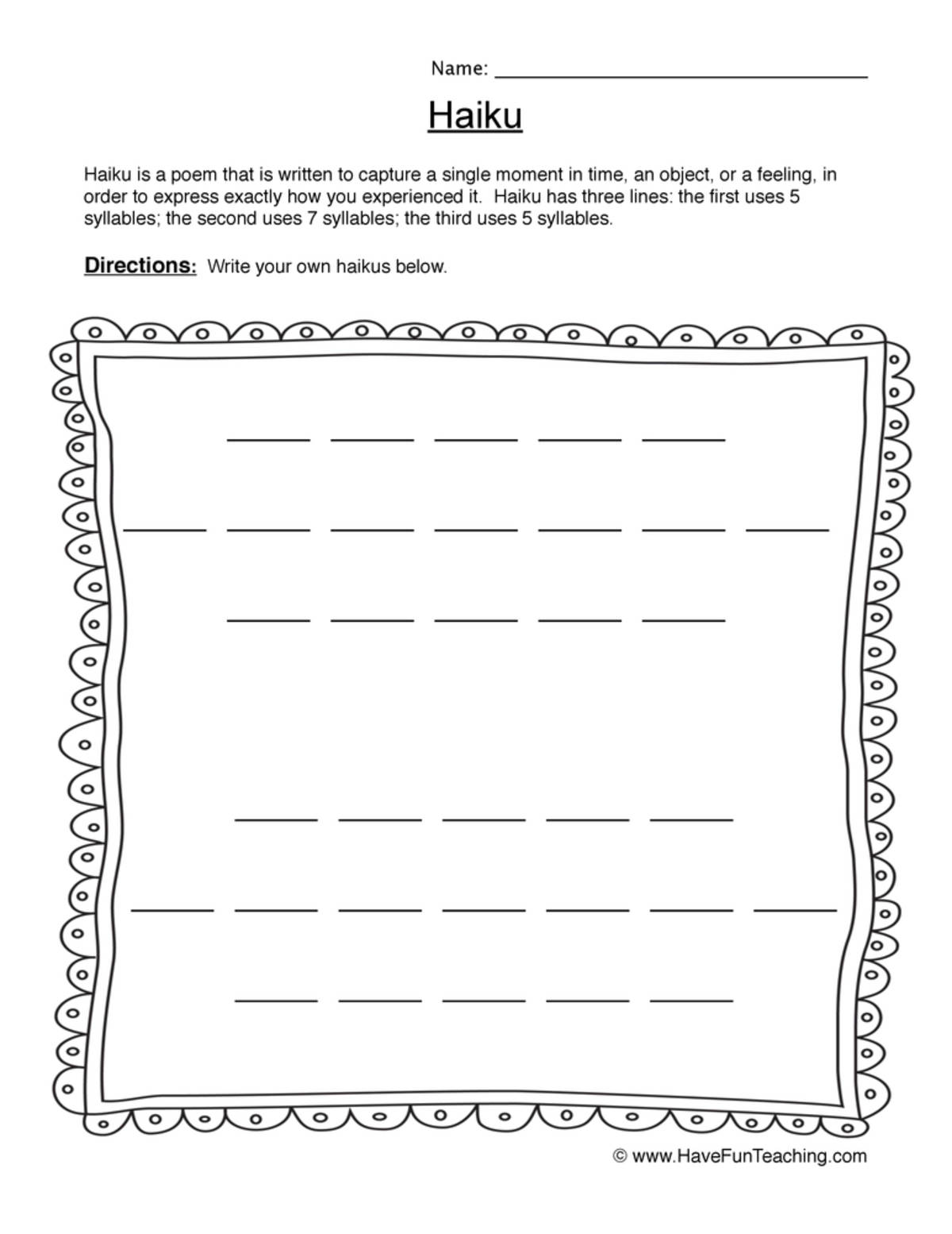 An educational teaching resource from Have Fun Teaching entitled Haiku Blank Worksheet downloadable at Teach Simple.
