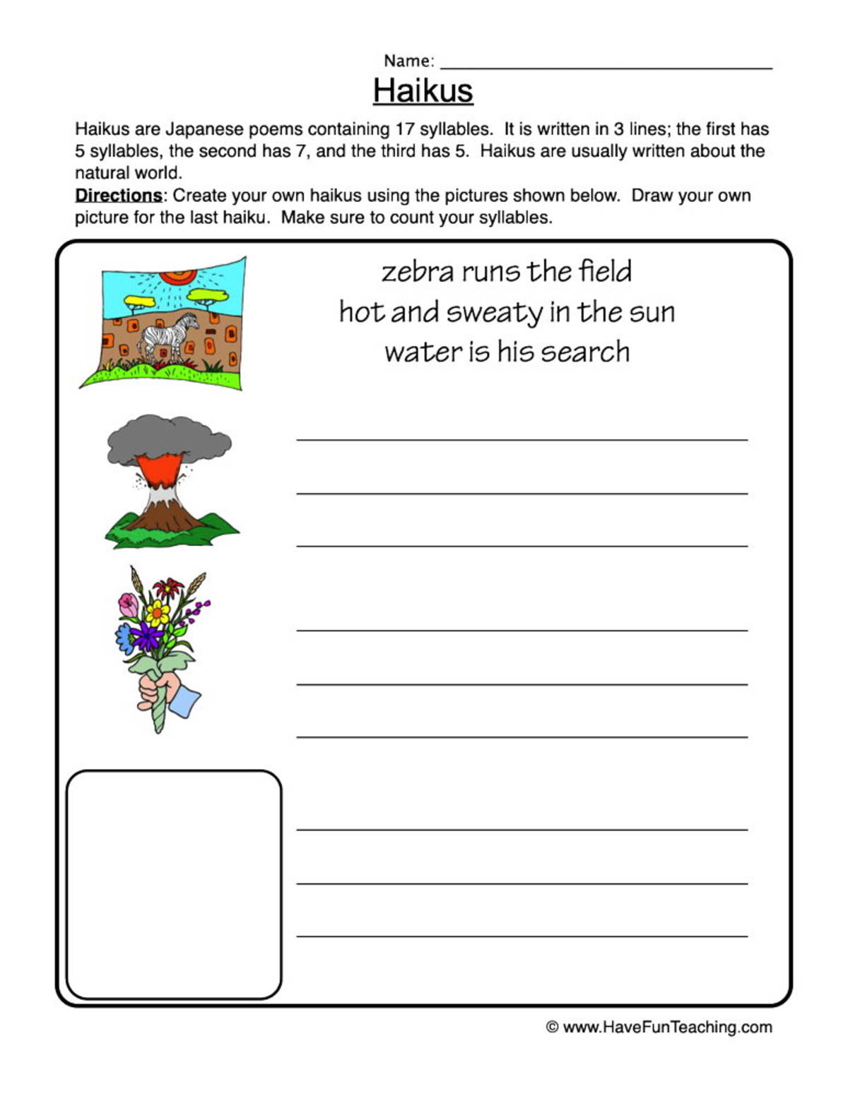 An educational teaching resource from Have Fun Teaching entitled Haiku Pictures Worksheet downloadable at Teach Simple.