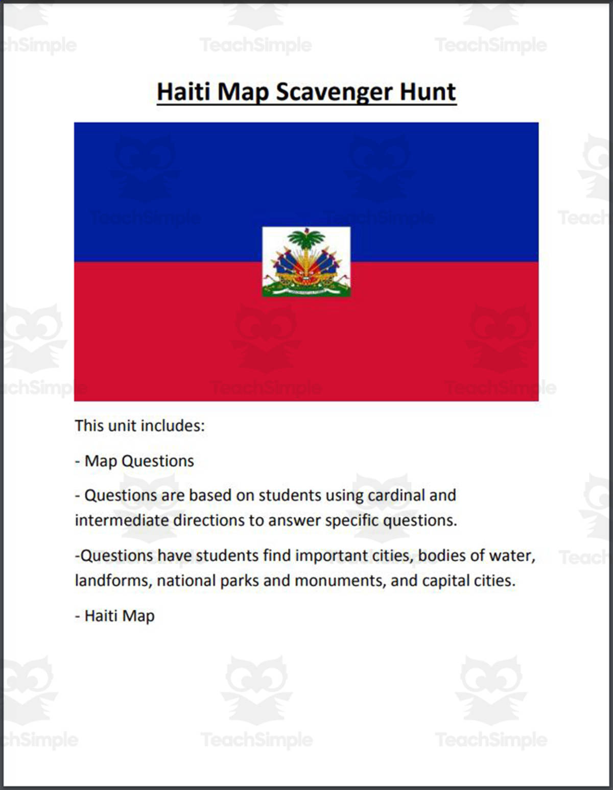 An educational teaching resource from Mr. Matthews Teacher Store entitled Haiti Map Scavenger Hunt downloadable at Teach Simple.