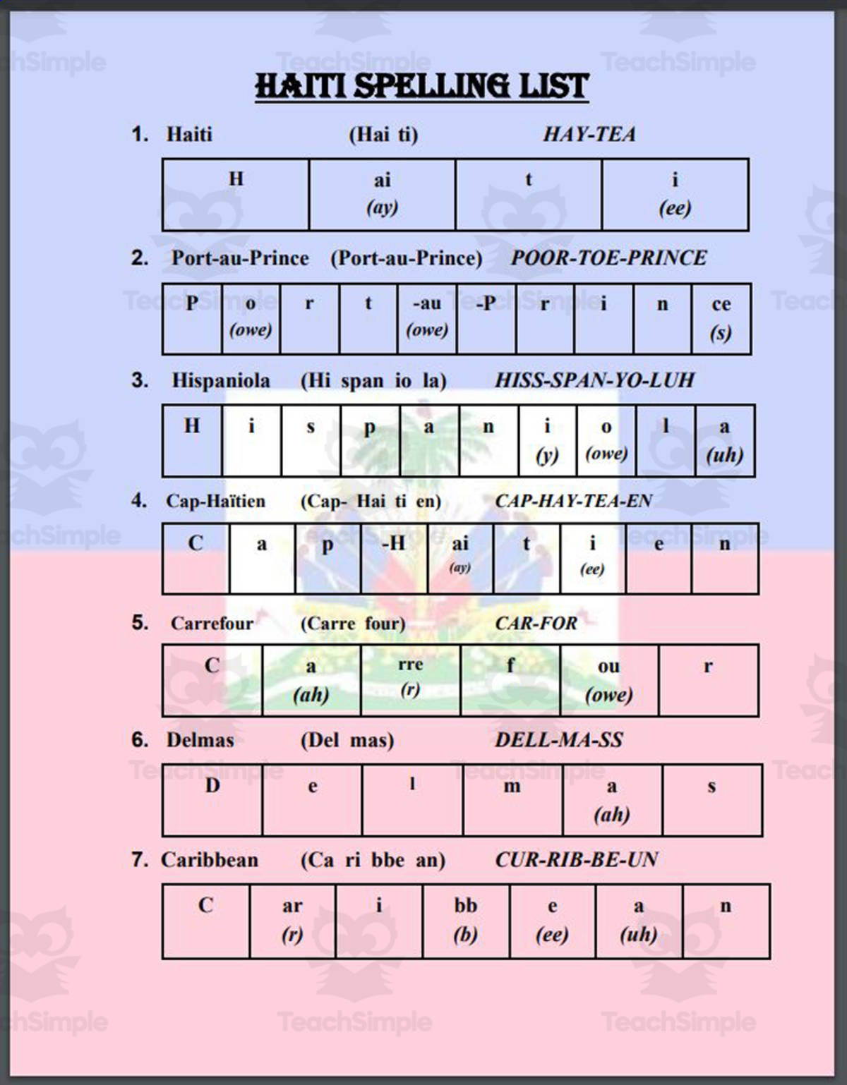 An educational teaching resource from Mr. Matthews Teacher Store entitled Haiti Spelling List downloadable at Teach Simple.