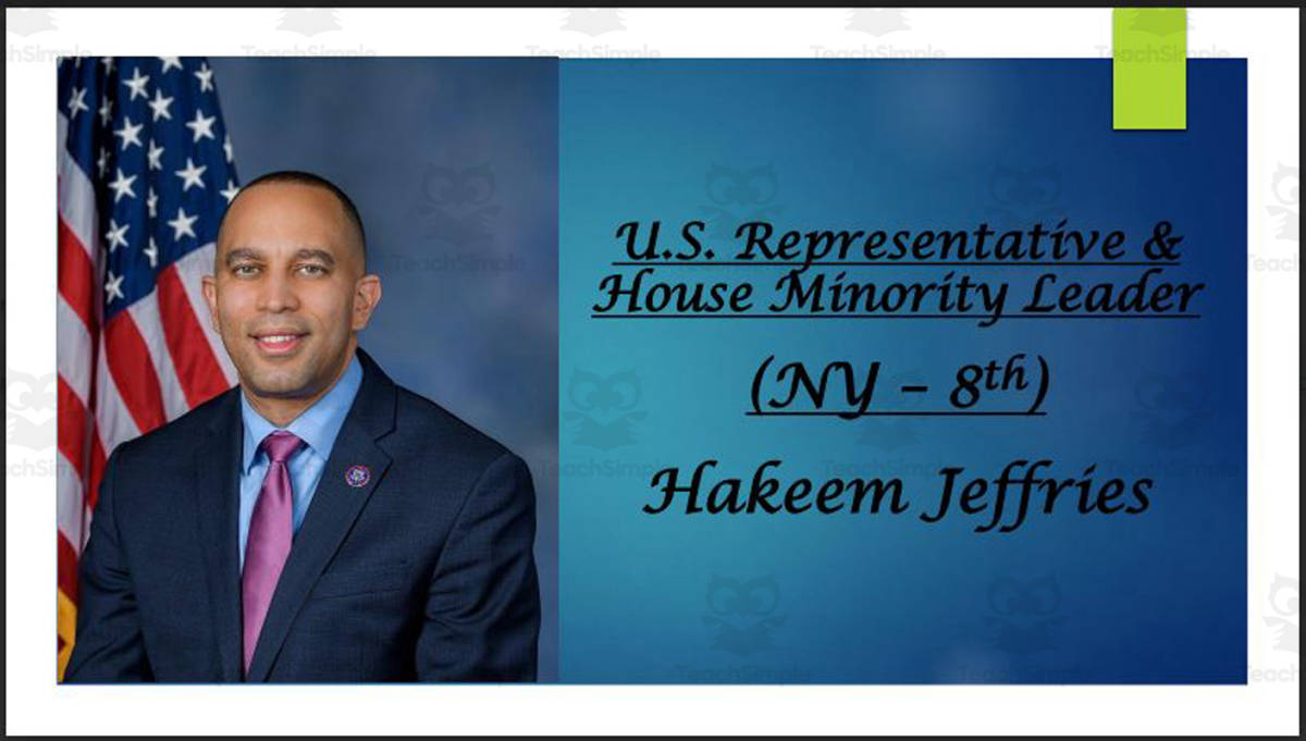 An educational teaching resource from Mr. Matthews Teacher Store entitled Hakeem Jeffries (House Minority Leader & U.S. Representative: NY - 8th) BIO PPT downloadable at Teach Simple.