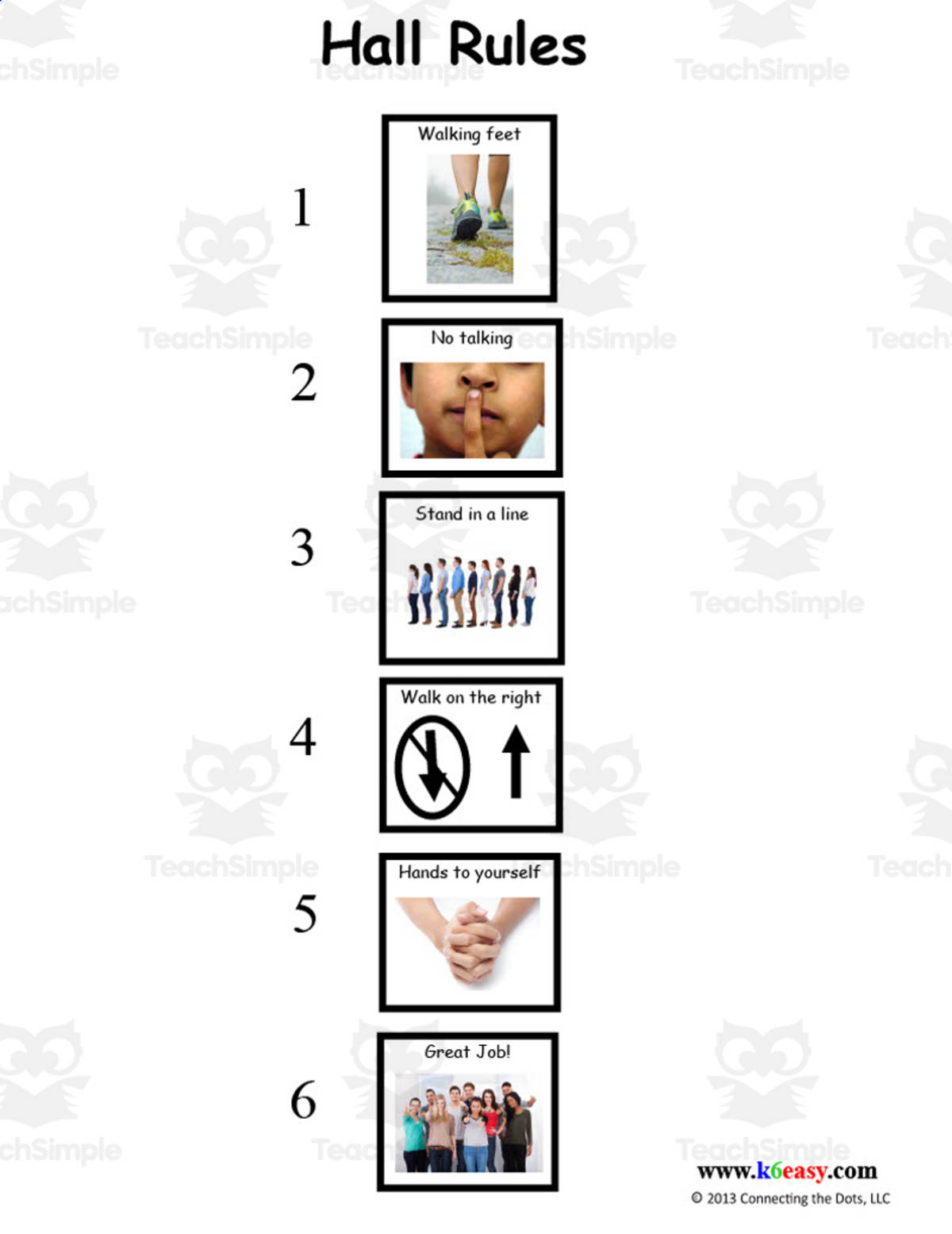 An educational teaching resource from k6easy Empowering Kids with Skills and Confidence entitled Hall Rules Printable downloadable at Teach Simple.