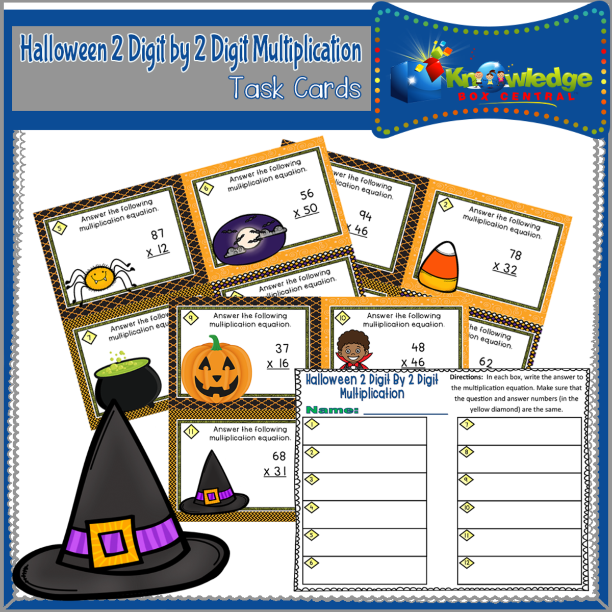 An educational teaching resource from Knowledge Box Central entitled Halloween 2 Digit By 2 Digit Multiplication Task Cards With Response Sheet & Answer Key - EBOOK downloadable at Teach Simple.