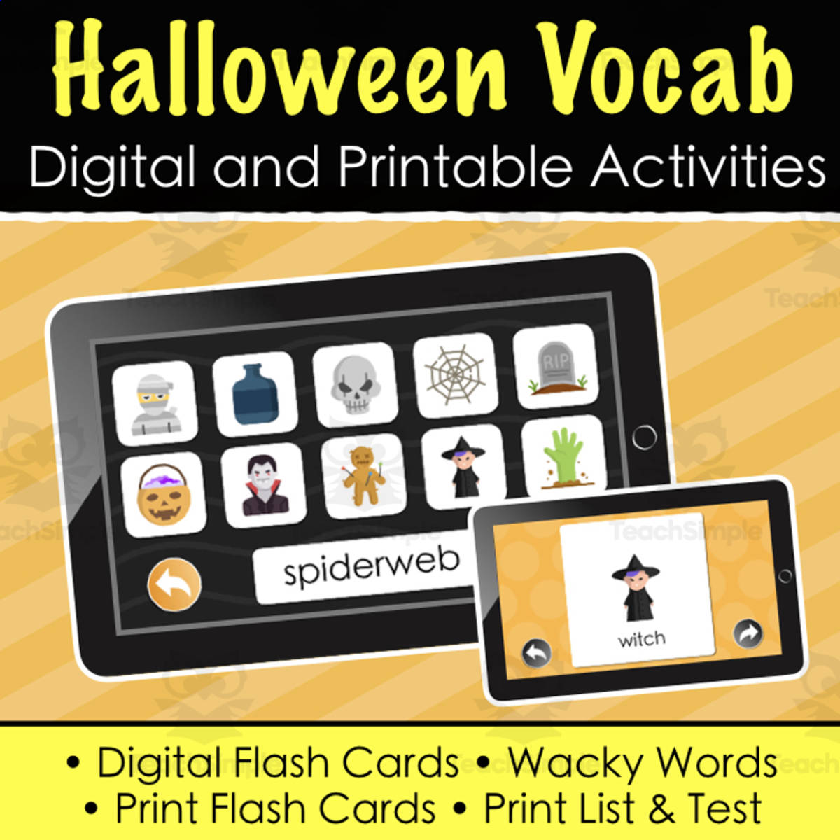 An educational teaching resource from Tom's Talk entitled Halloween 20-Word Practice Set - Digital and Printable Activities downloadable at Teach Simple.