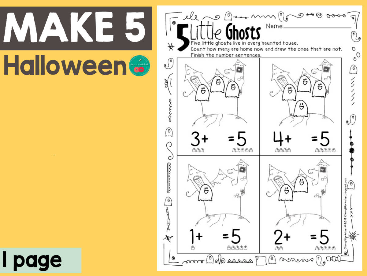 An educational teaching resource from Cherry Workshop entitled Halloween 5 Little Ghosts downloadable at Teach Simple.