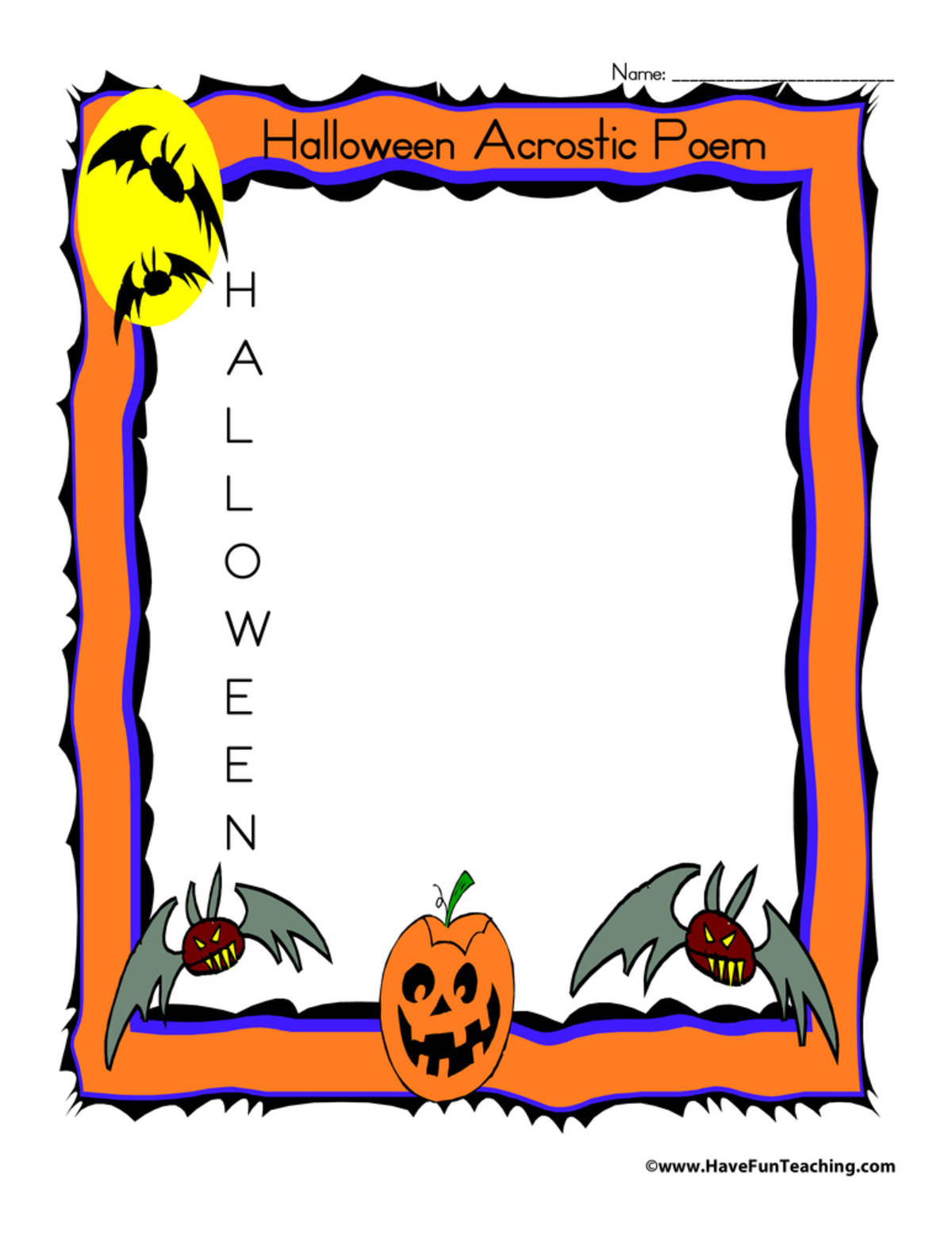 An educational teaching resource from Have Fun Teaching entitled Halloween Acrostic Poem Worksheet downloadable at Teach Simple.
