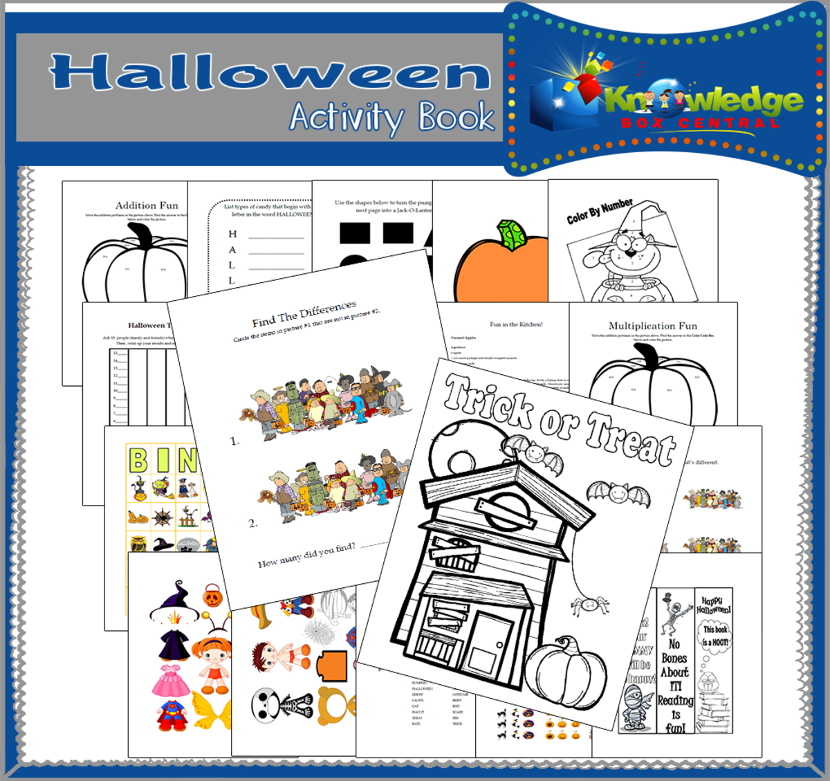 An educational teaching resource from Knowledge Box Central entitled Halloween Activity Book - EBOOK downloadable at Teach Simple.